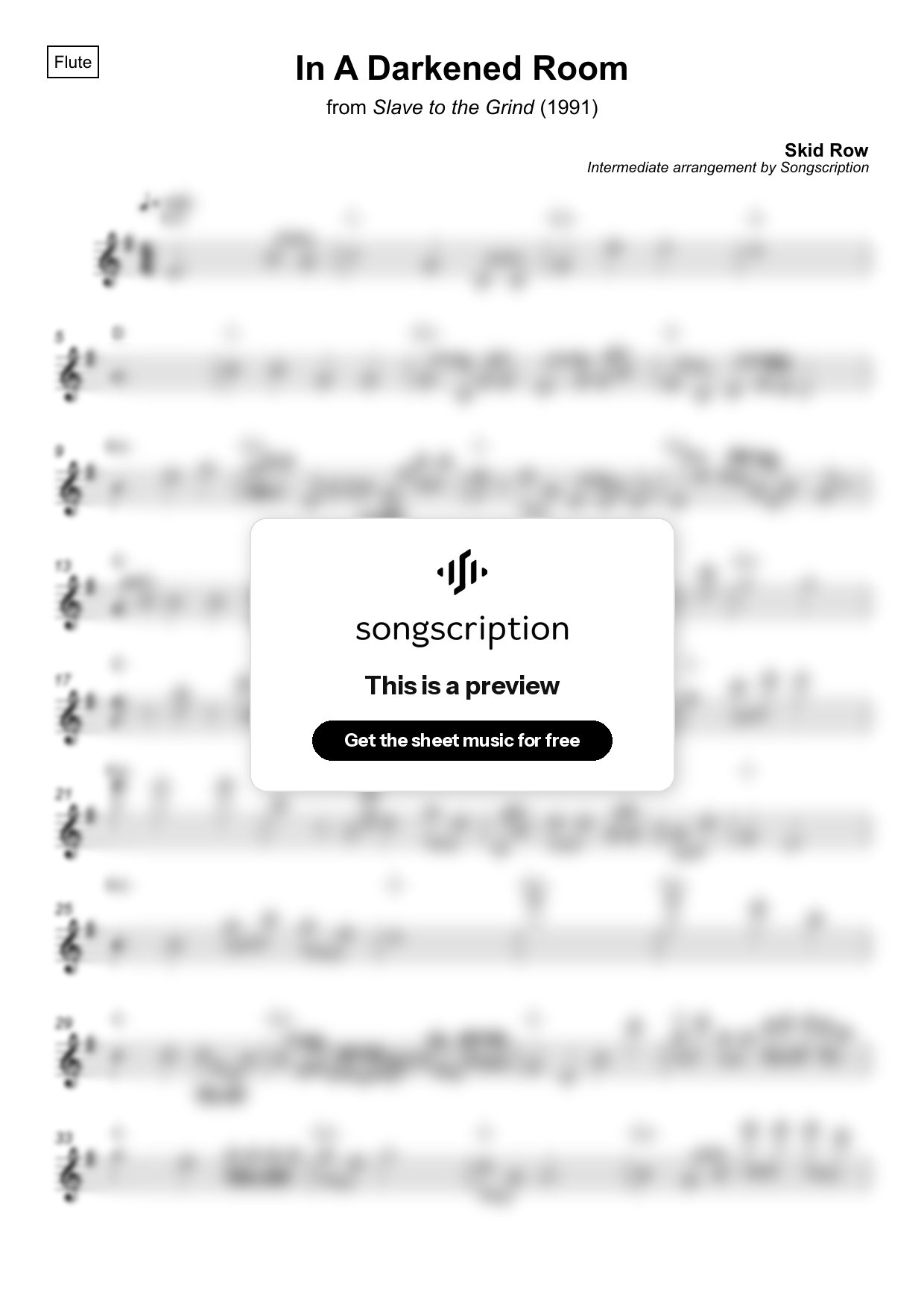 Intermediate Flute Sheet Music for "In A Darkened Room" by Skid Row
