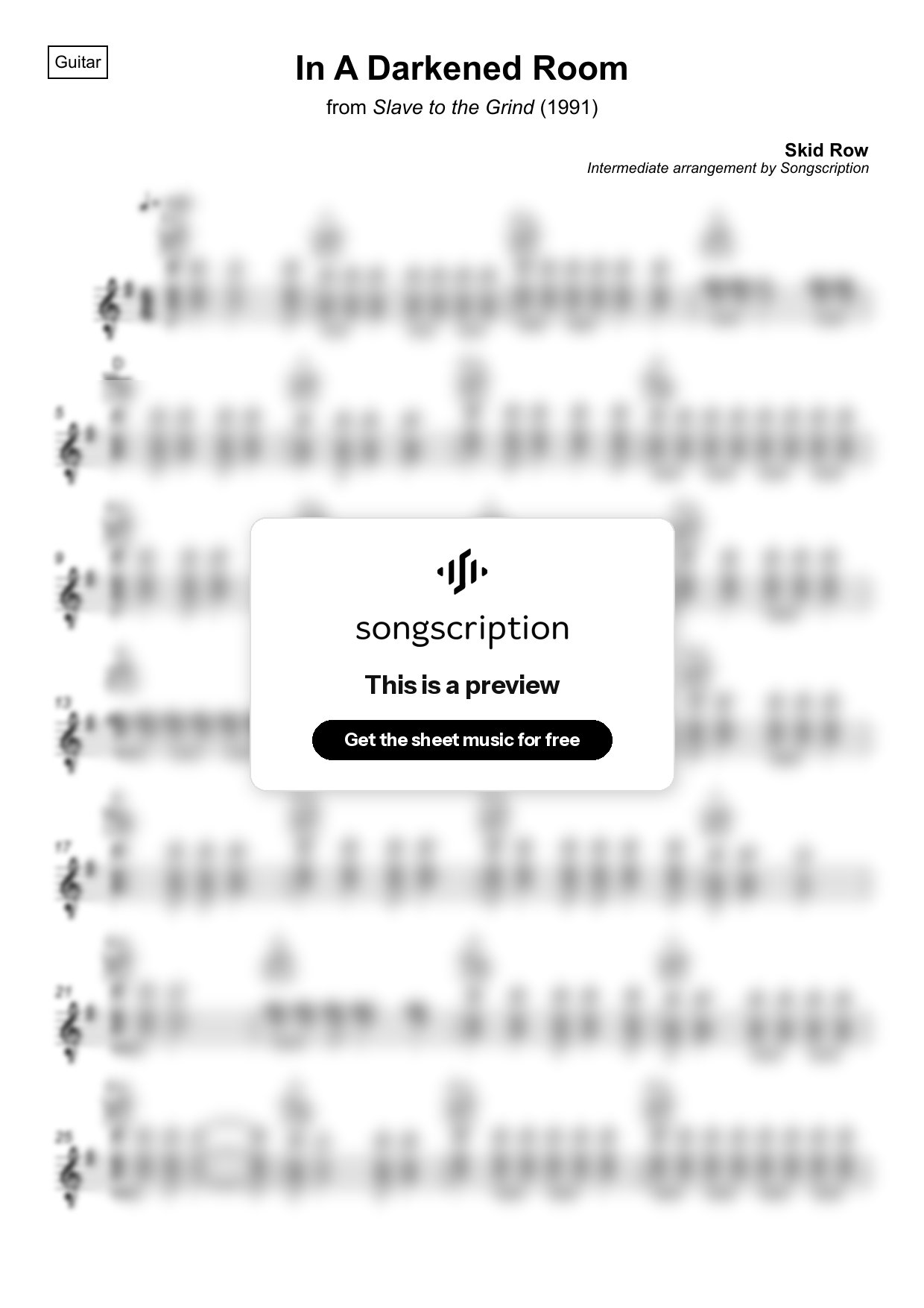 Intermediate Acoustic Guitar Sheet Music for "In A Darkened Room" by Skid Row