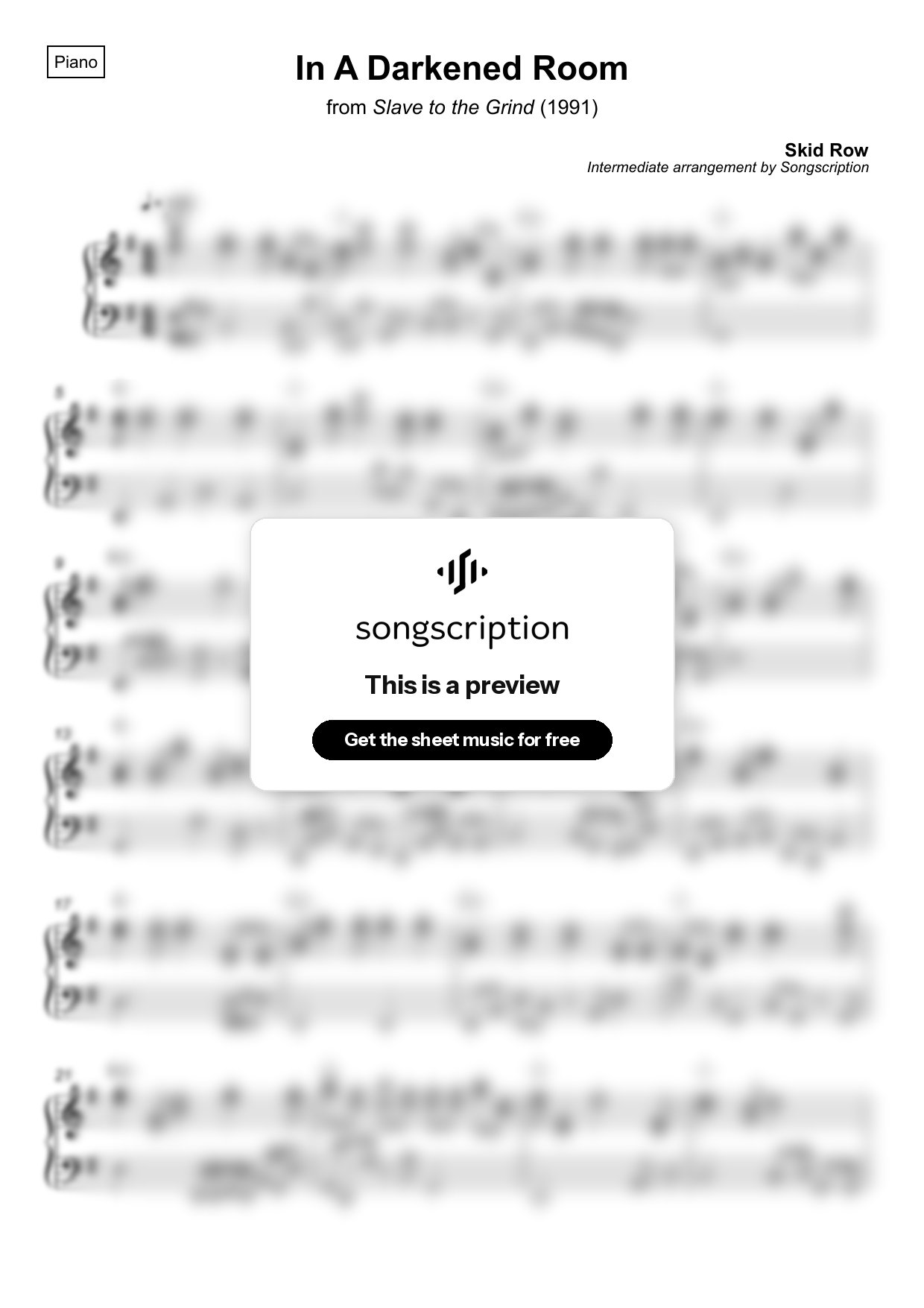 Intermediate Piano Sheet Music for "In A Darkened Room" by Skid Row