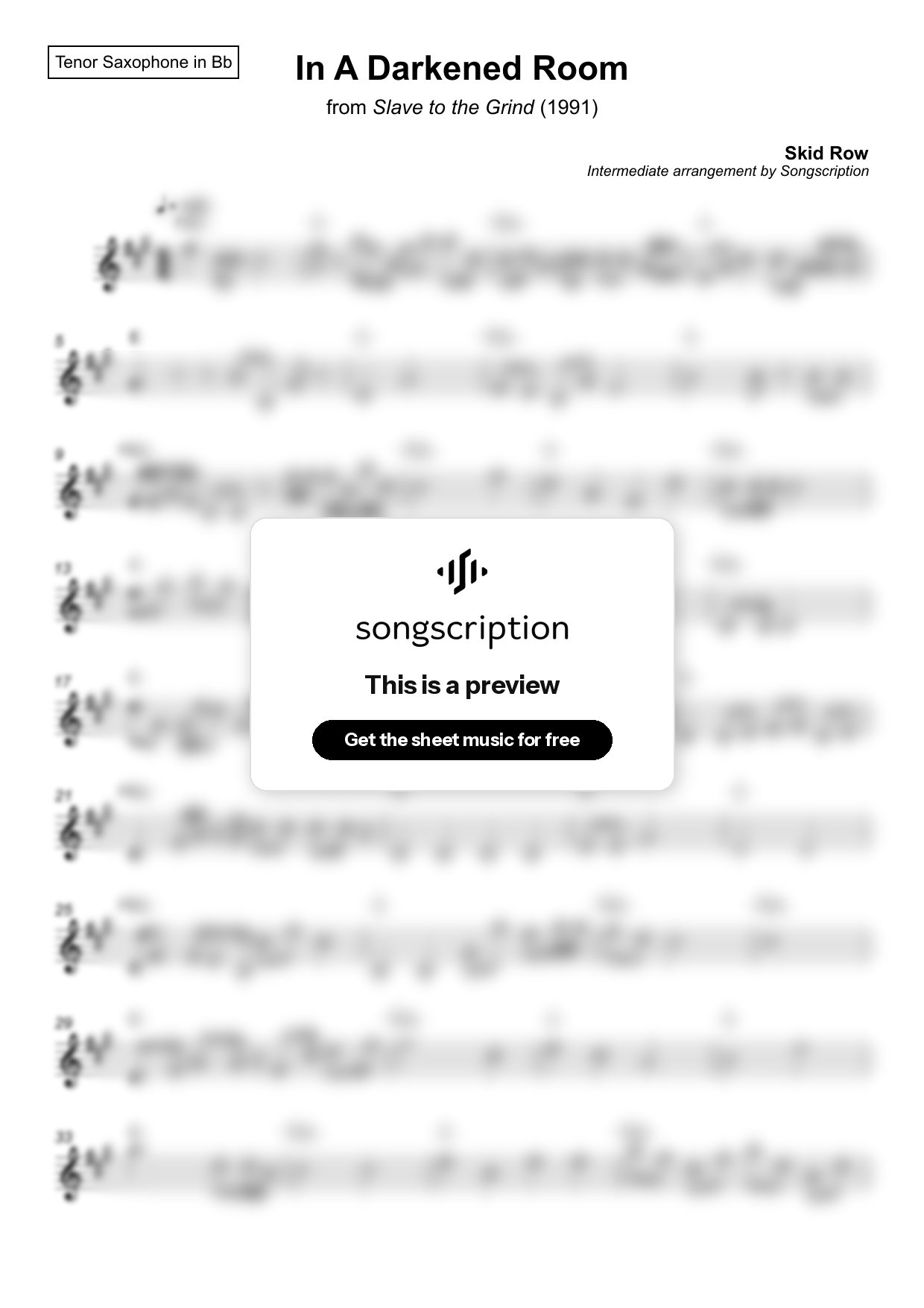 Intermediate Tenor Sax Sheet Music for "In A Darkened Room" by Skid Row