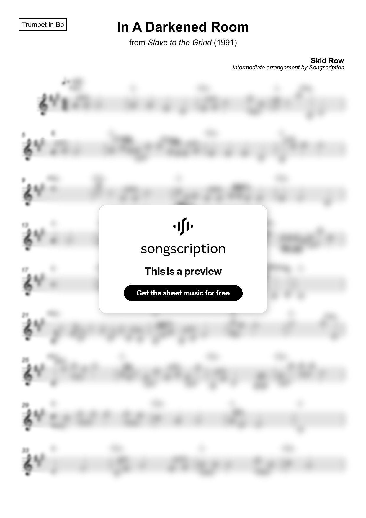 Intermediate Trumpet Sheet Music for "In A Darkened Room" by Skid Row
