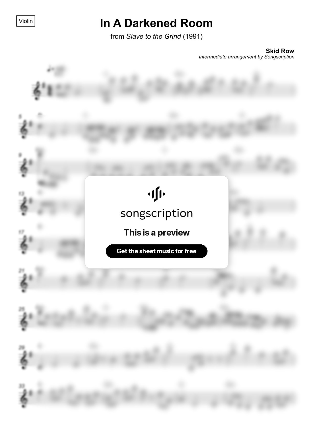 Intermediate Violin Sheet Music for "In A Darkened Room" by Skid Row