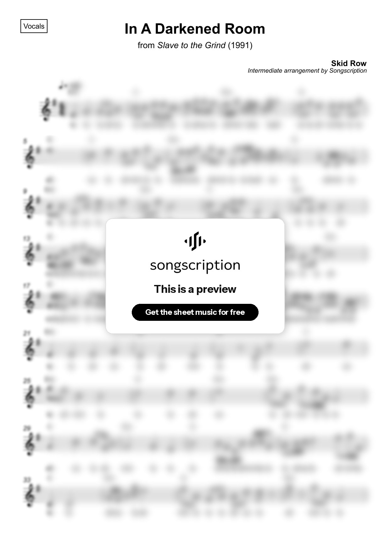 Intermediate Vocals Sheet Music for "In A Darkened Room" by Skid Row