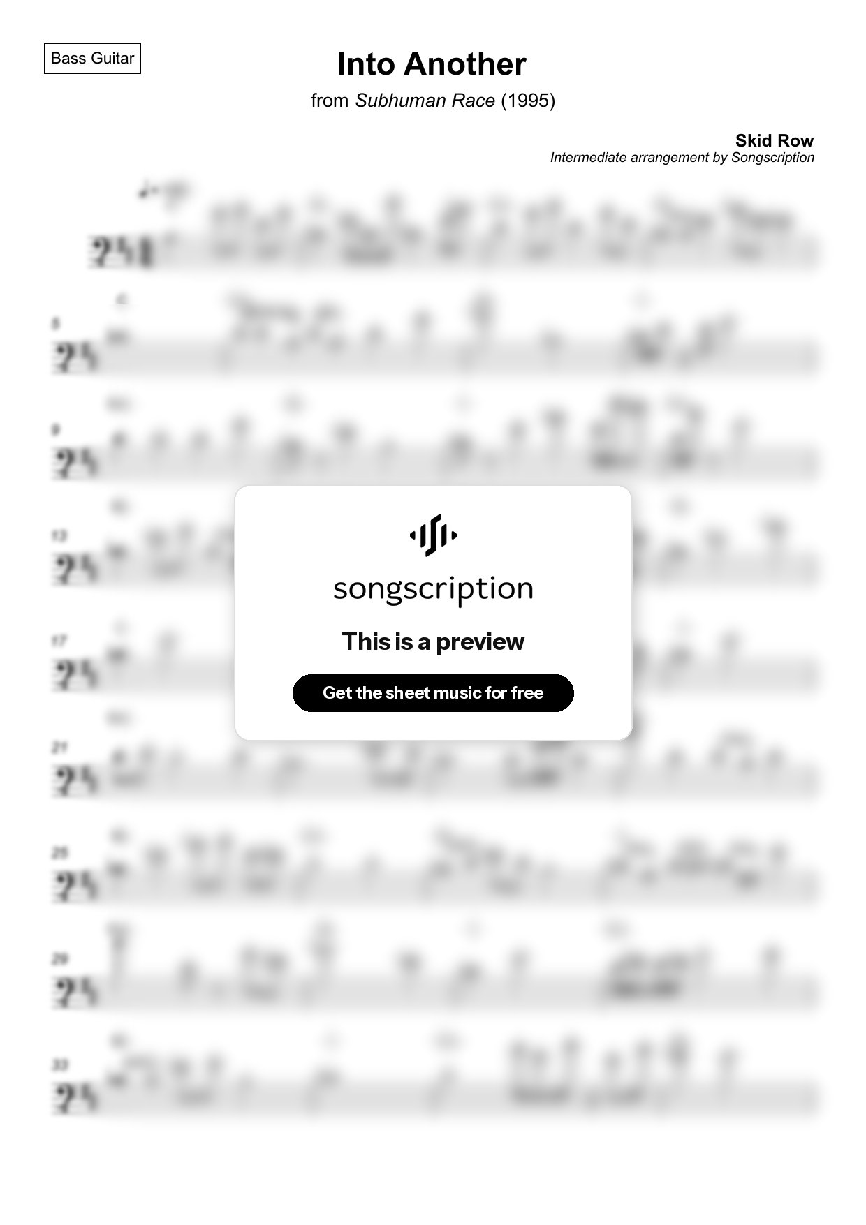 Intermediate Bass Guitar Sheet Music for "Into Another" by Skid Row