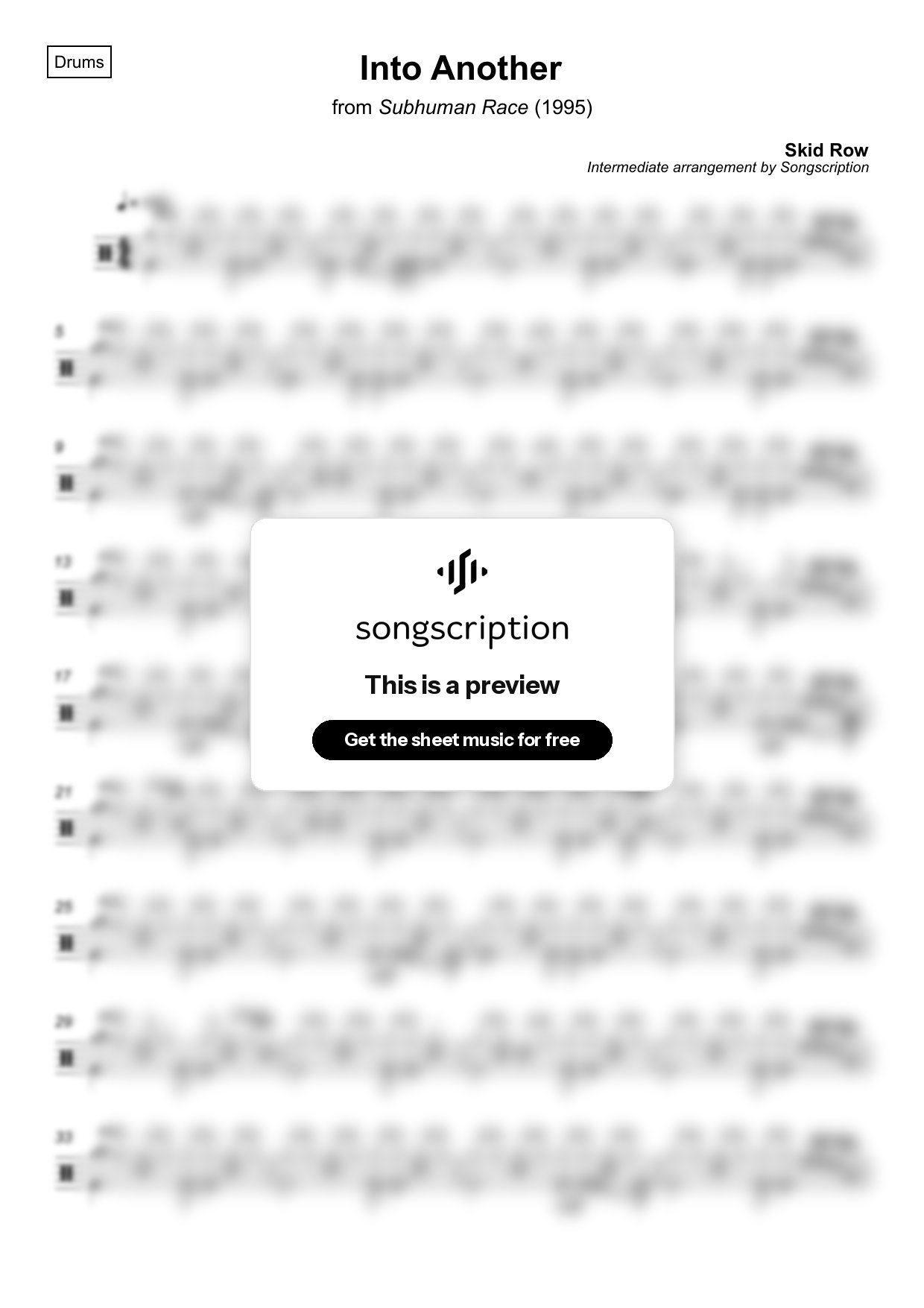 Intermediate Drums Sheet Music for "Into Another" by Skid Row