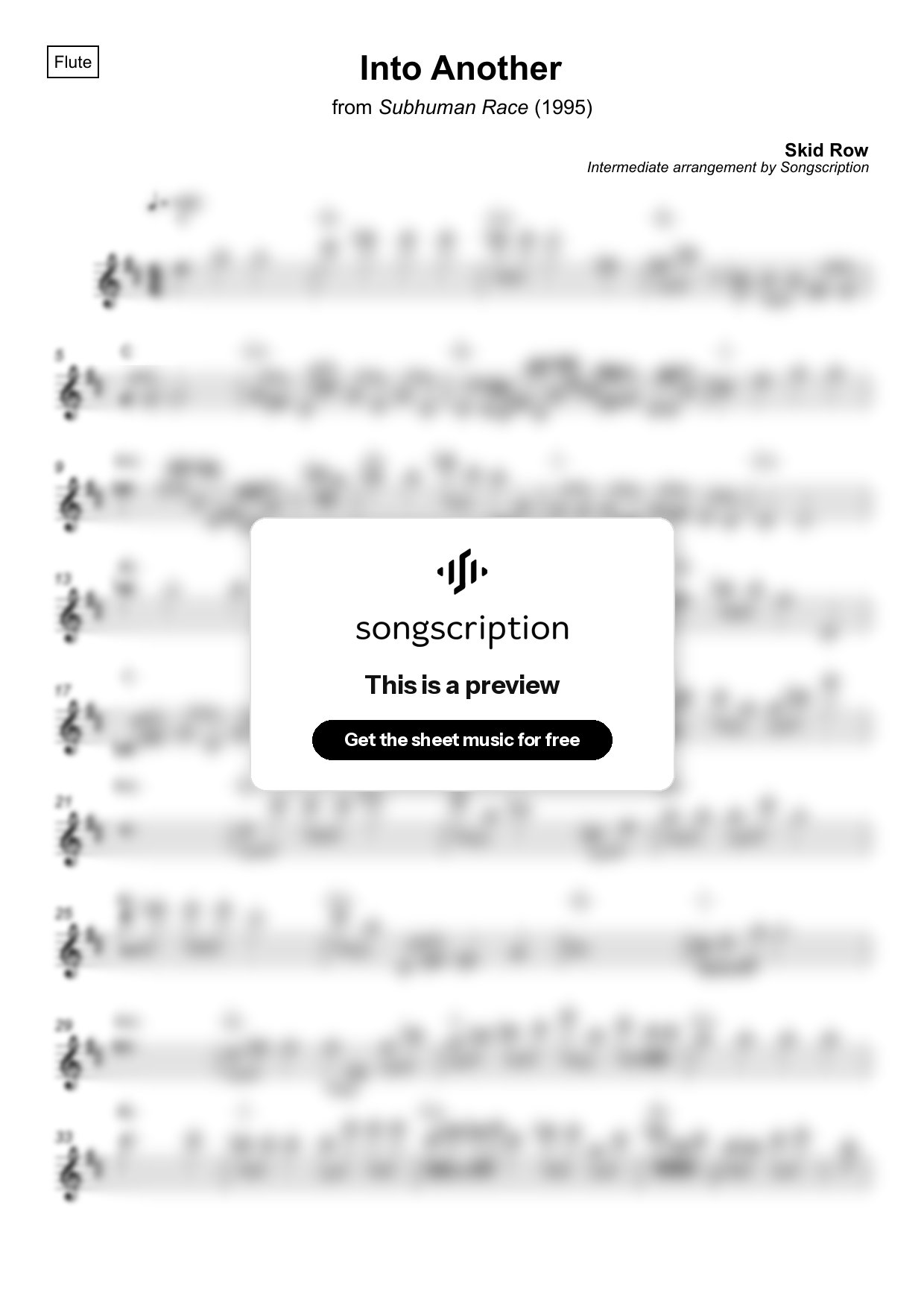 Intermediate Flute Sheet Music for "Into Another" by Skid Row