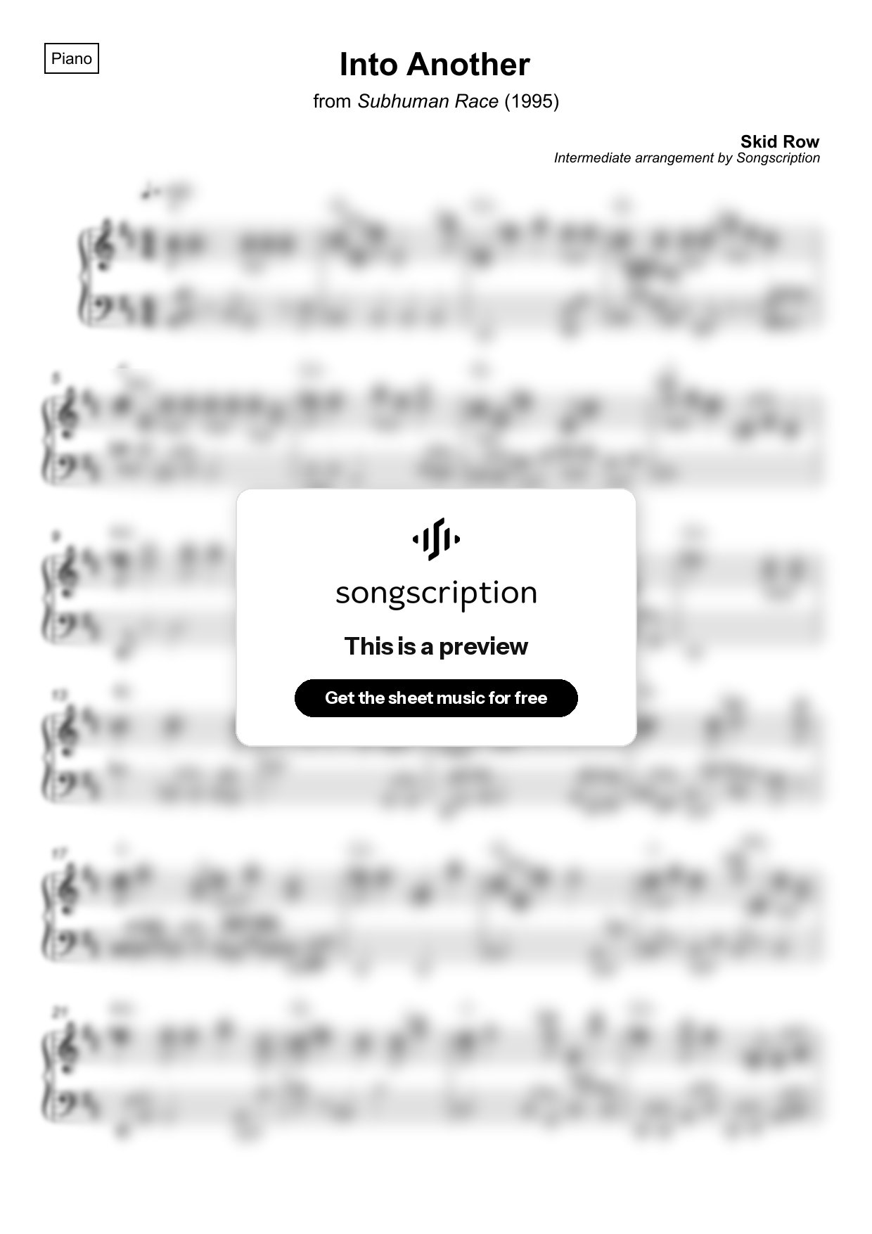 Intermediate Piano Sheet Music for "Into Another" by Skid Row