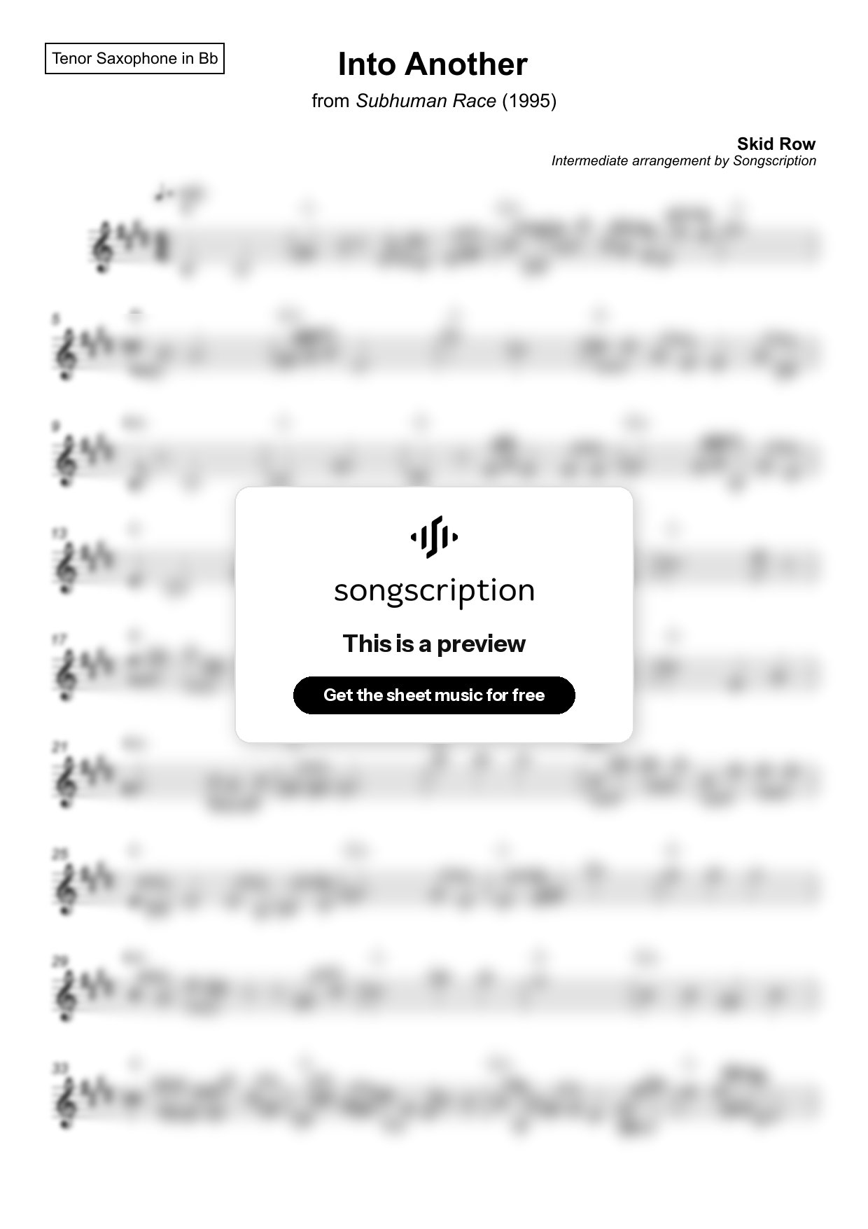 Intermediate Tenor Sax Sheet Music for "Into Another" by Skid Row