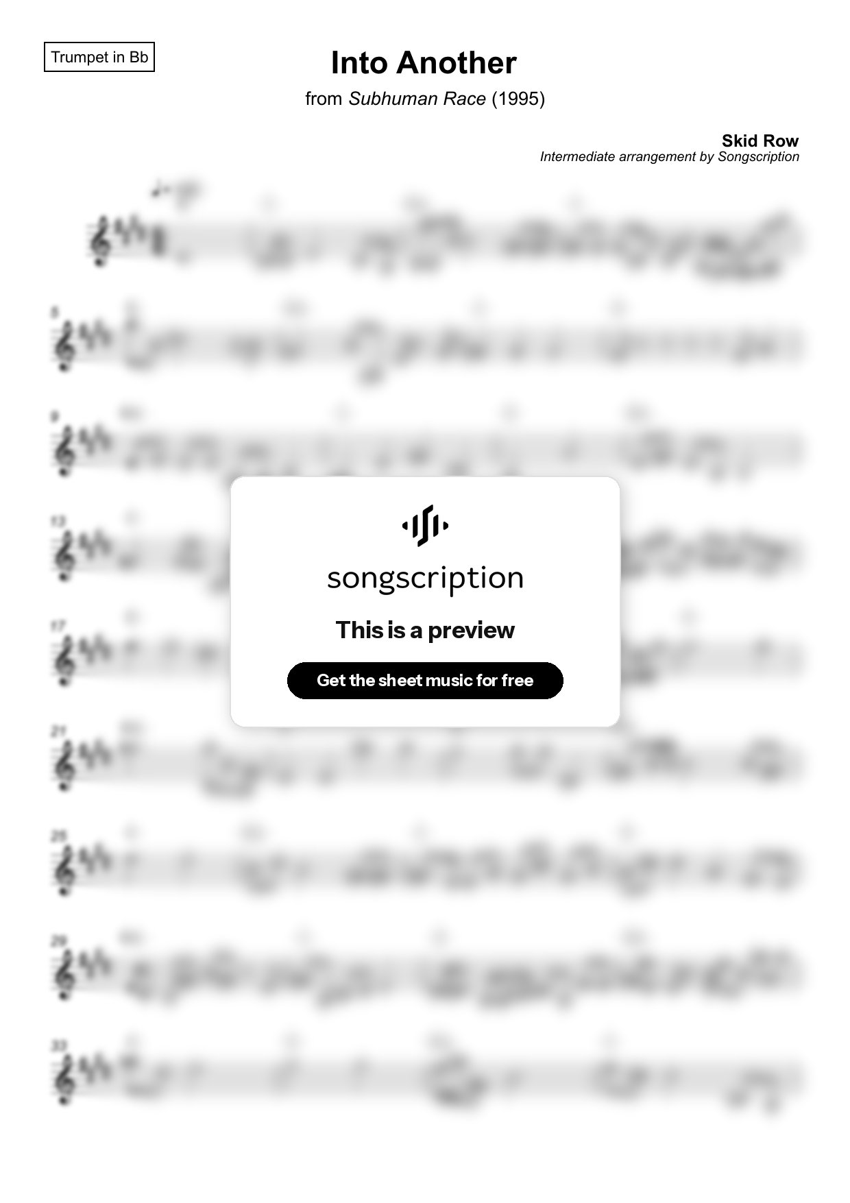 Intermediate Trumpet Sheet Music for "Into Another" by Skid Row