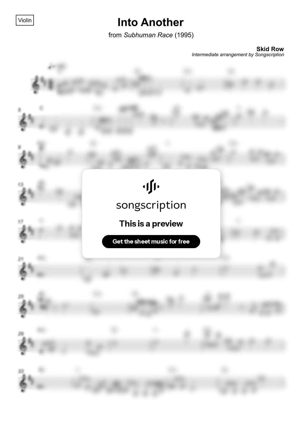 Intermediate Violin Sheet Music for "Into Another" by Skid Row