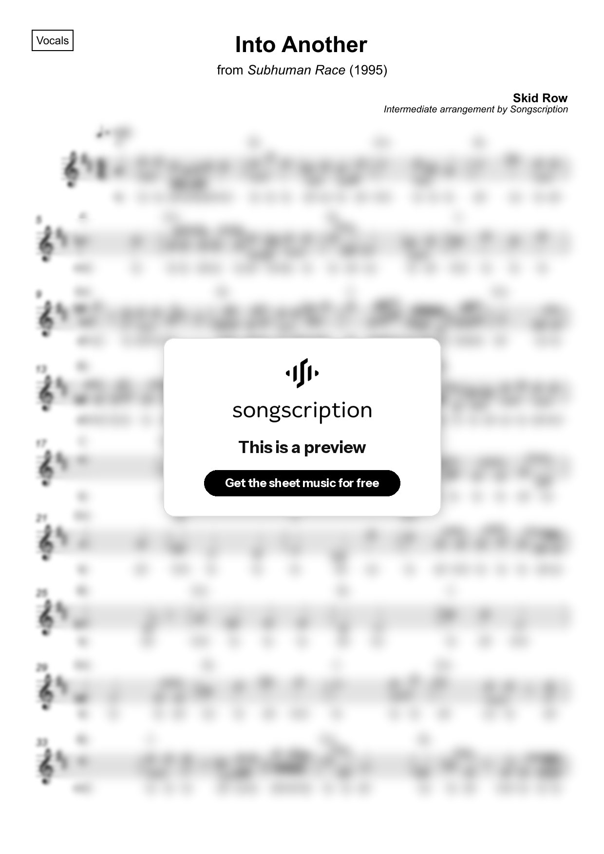 Intermediate Vocals Sheet Music for "Into Another" by Skid Row