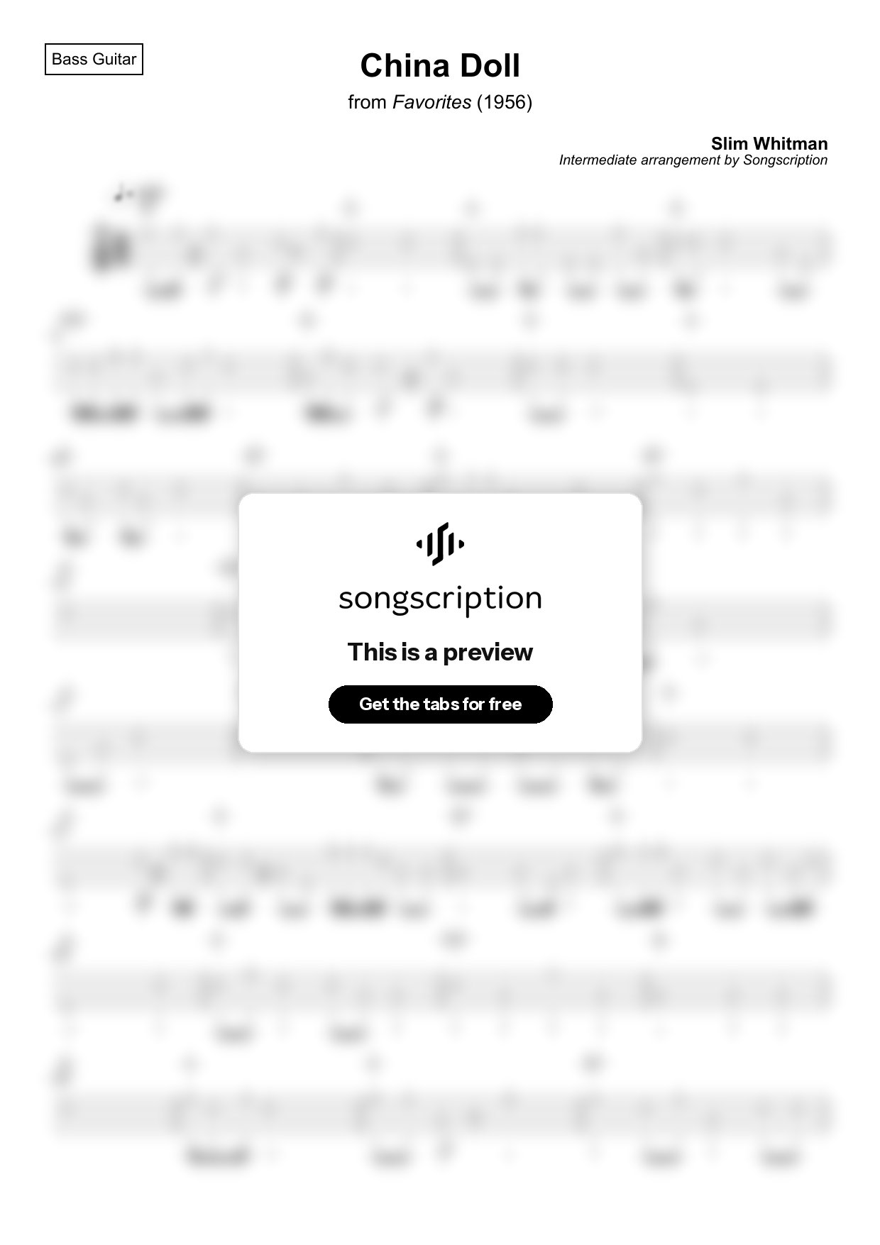 Intermediate Bass Guitar Tabs for "China Doll" by Slim Whitman