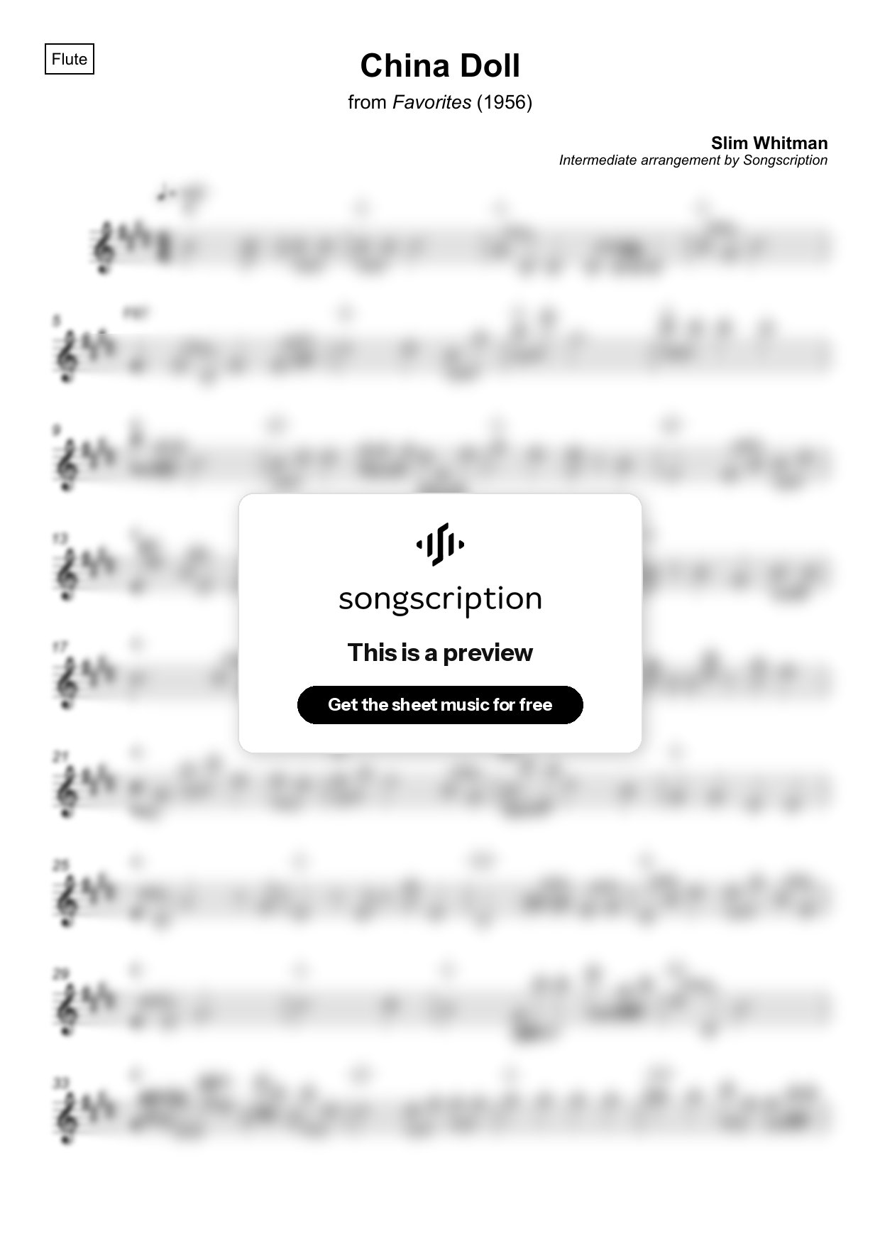 Intermediate Flute Sheet Music for "China Doll" by Slim Whitman