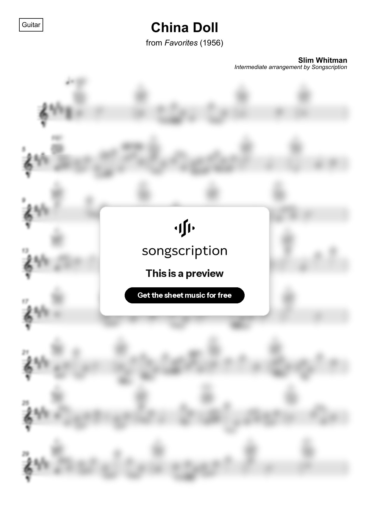 Intermediate Acoustic Guitar Sheet Music for "China Doll" by Slim Whitman