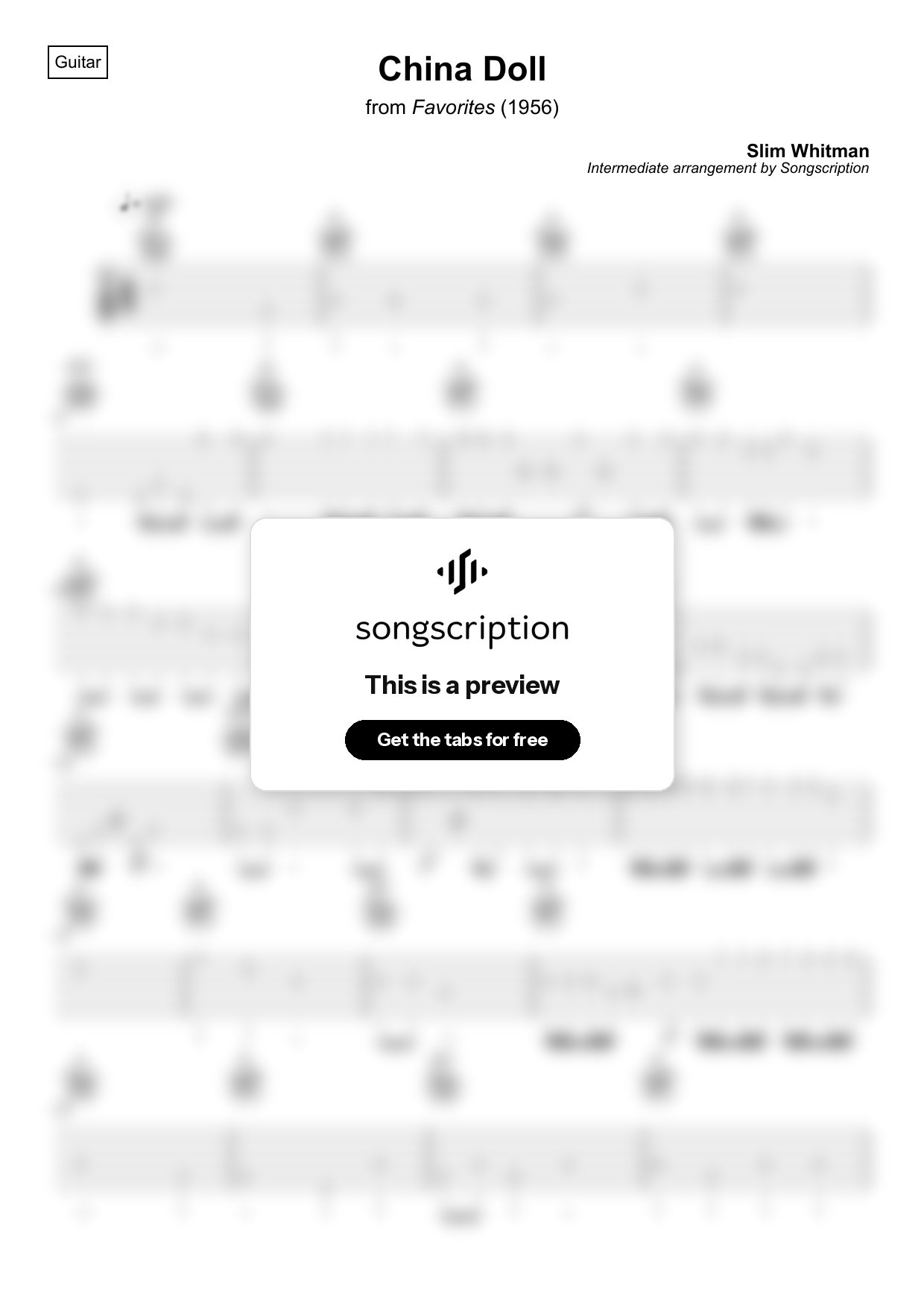 Intermediate Acoustic Guitar Tabs for "China Doll" by Slim Whitman