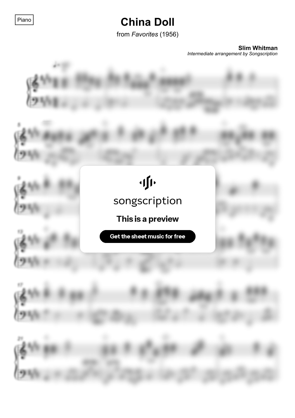 Intermediate Piano Sheet Music for "China Doll" by Slim Whitman