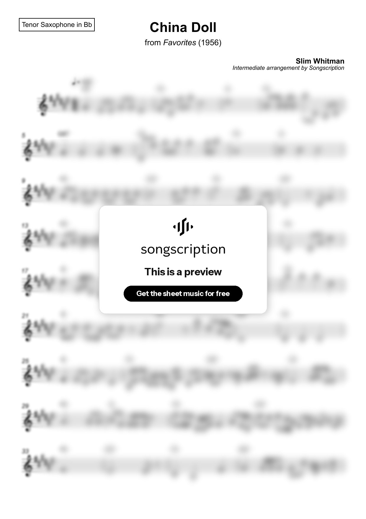 Intermediate Tenor Sax Sheet Music for "China Doll" by Slim Whitman