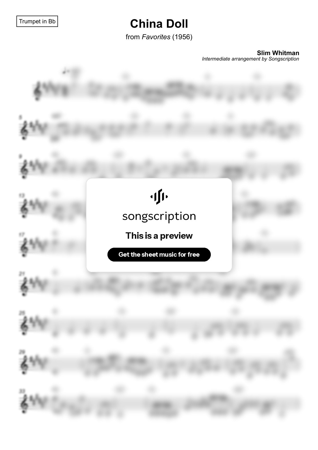 Intermediate Trumpet Sheet Music for "China Doll" by Slim Whitman