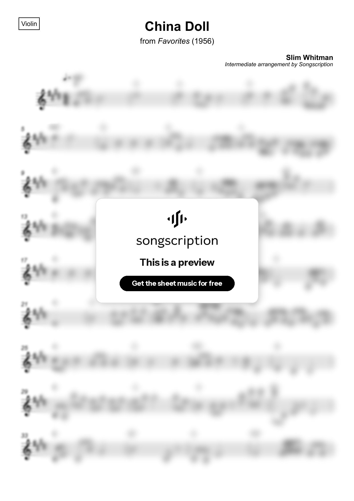 Intermediate Violin Sheet Music for "China Doll" by Slim Whitman
