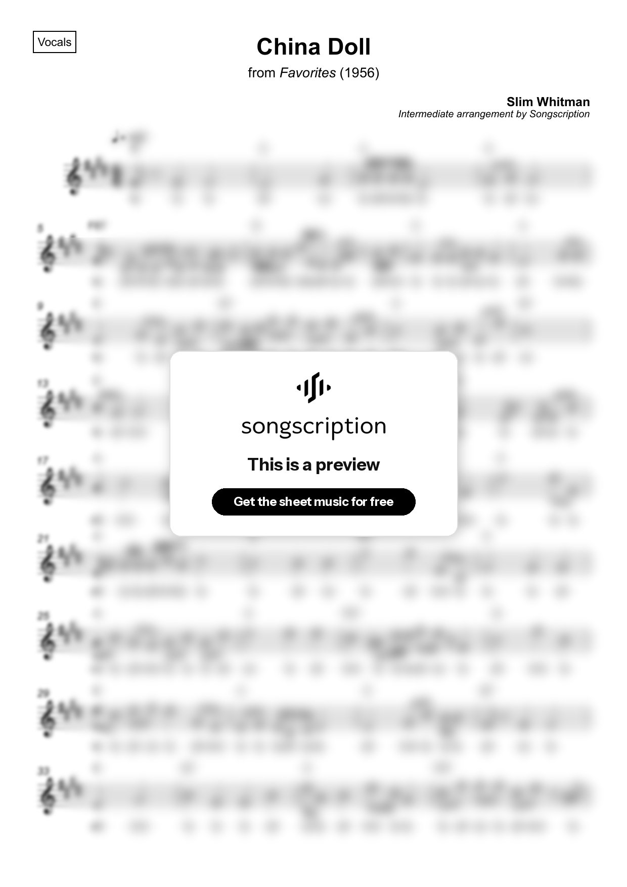 Intermediate Vocals Sheet Music for "China Doll" by Slim Whitman