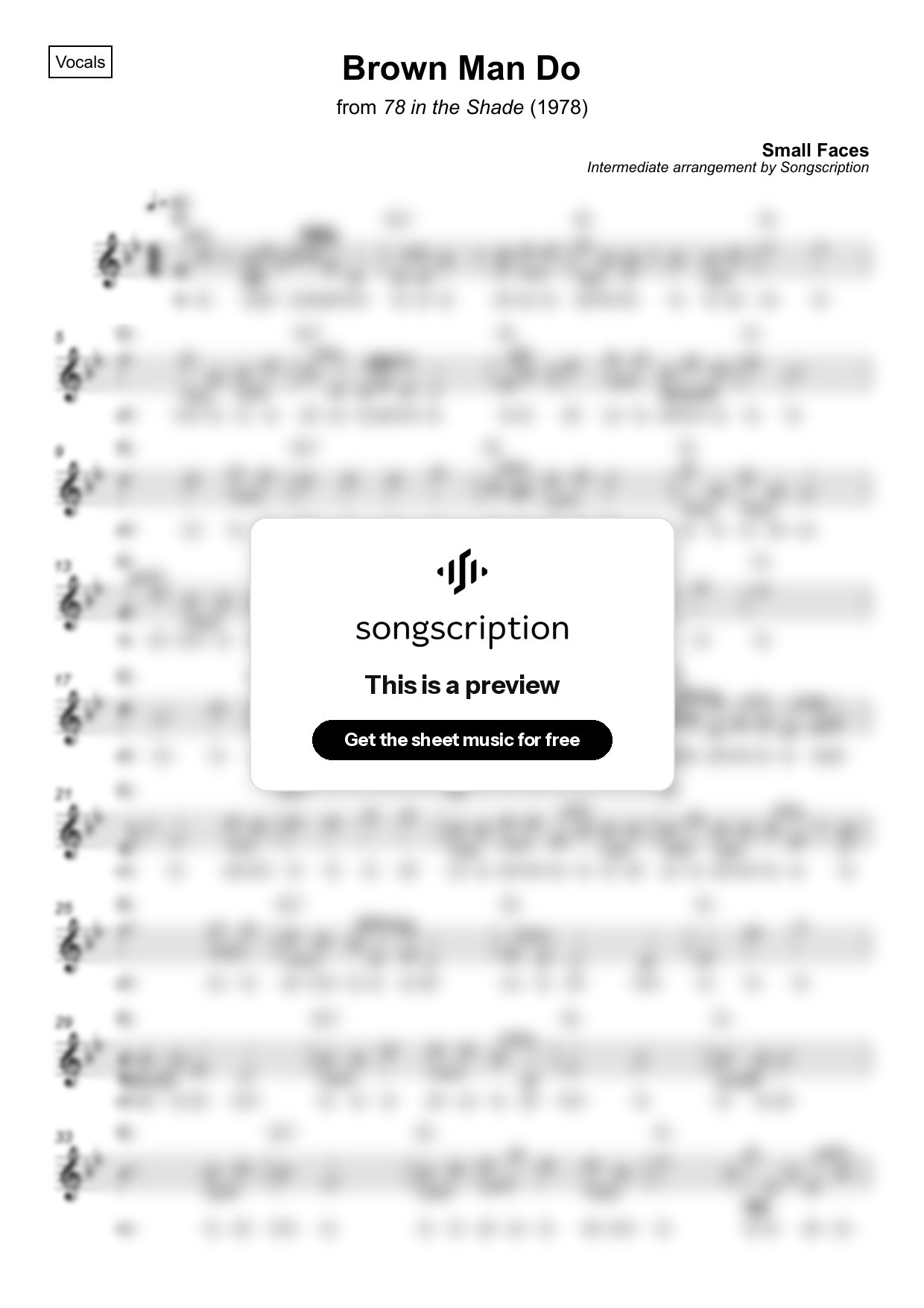 Intermediate Vocals Sheet Music for "Brown Man Do" by Small Faces
