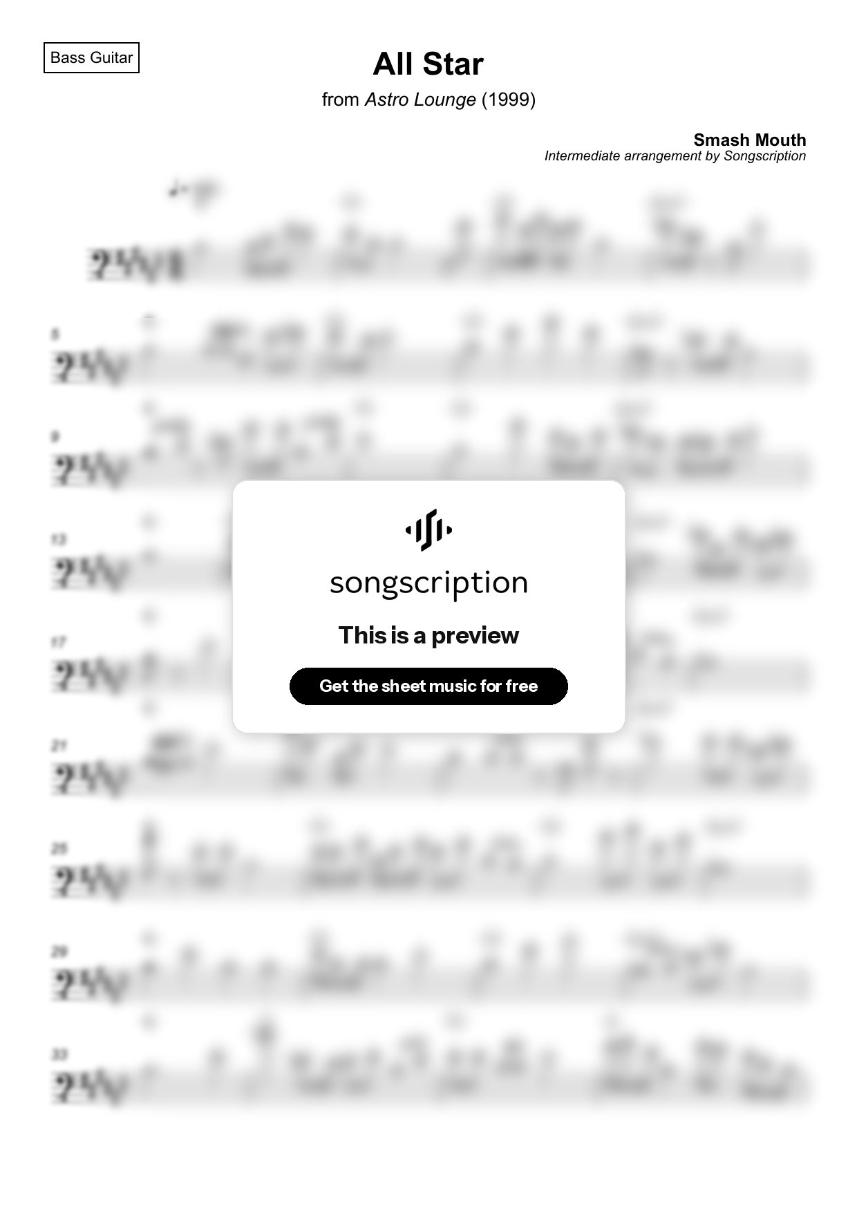 Intermediate Bass Guitar Sheet Music for "All Star" by Smash Mouth