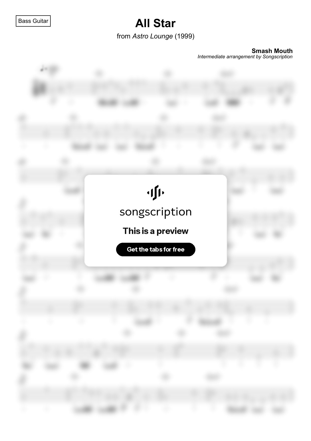 Intermediate Bass Guitar Tabs for "All Star" by Smash Mouth