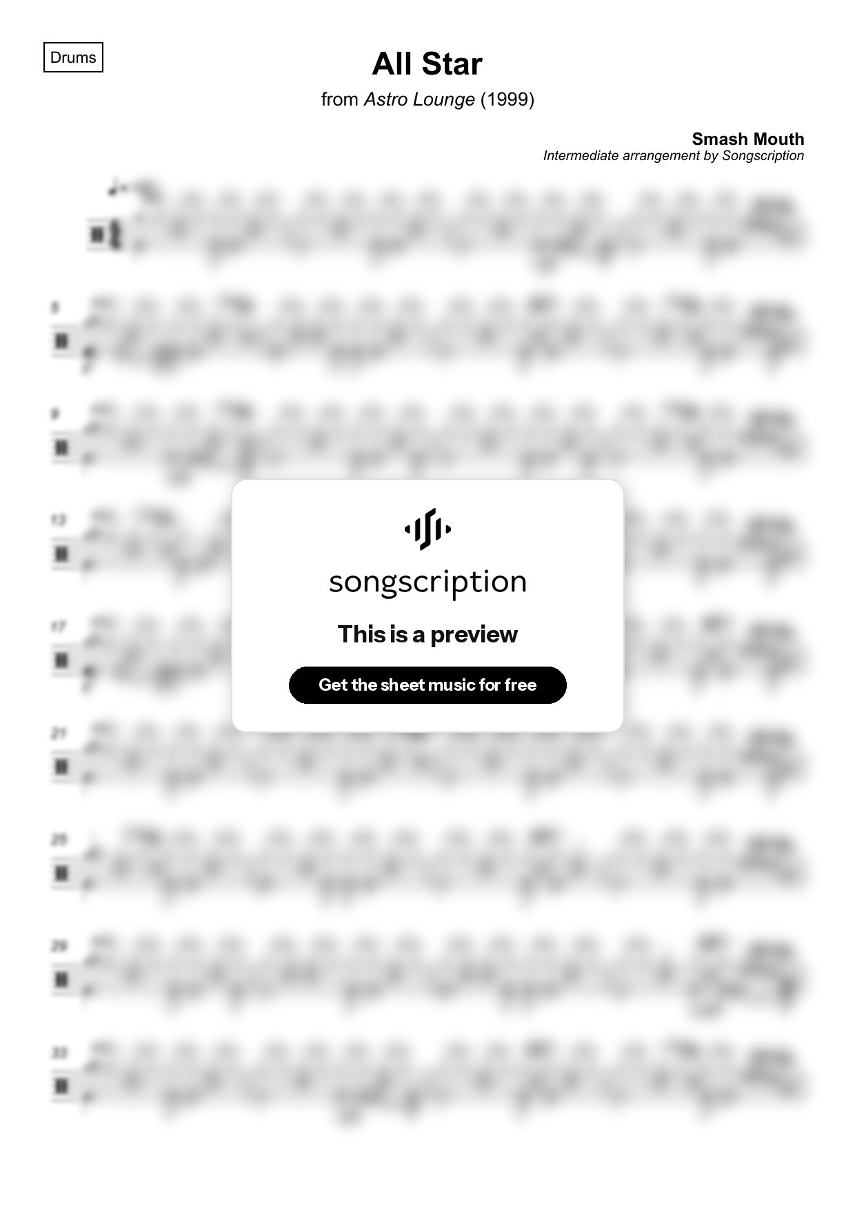 Intermediate Drums Sheet Music for "All Star" by Smash Mouth