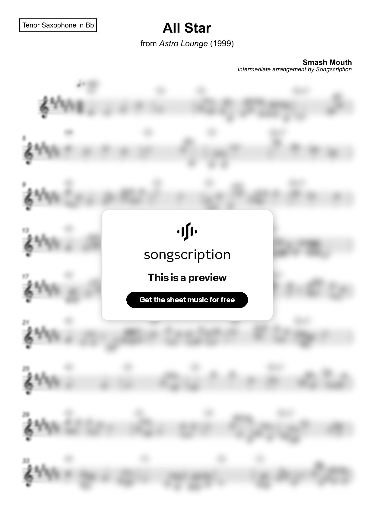 Intermediate Tenor Sax Sheet Music for "All Star" by Smash Mouth