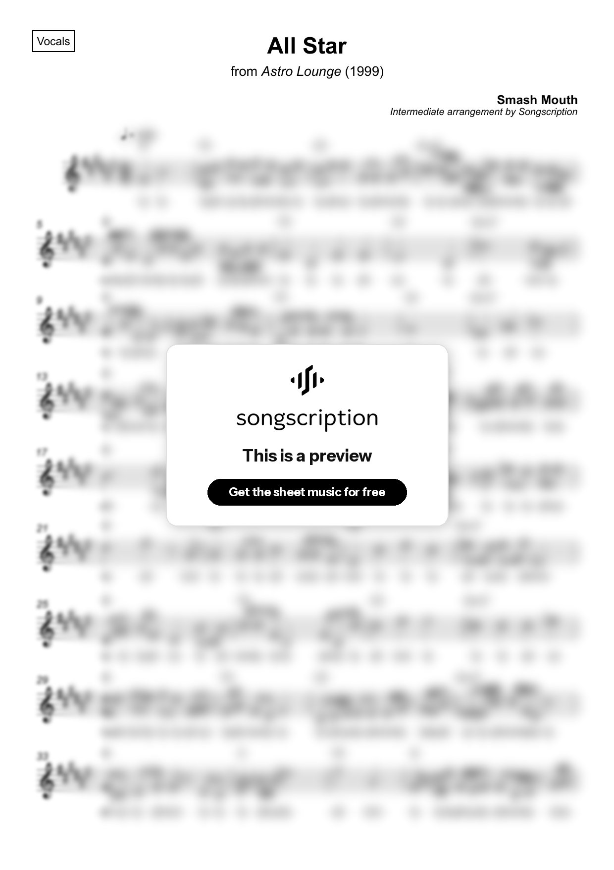 Intermediate Vocals Sheet Music for "All Star" by Smash Mouth