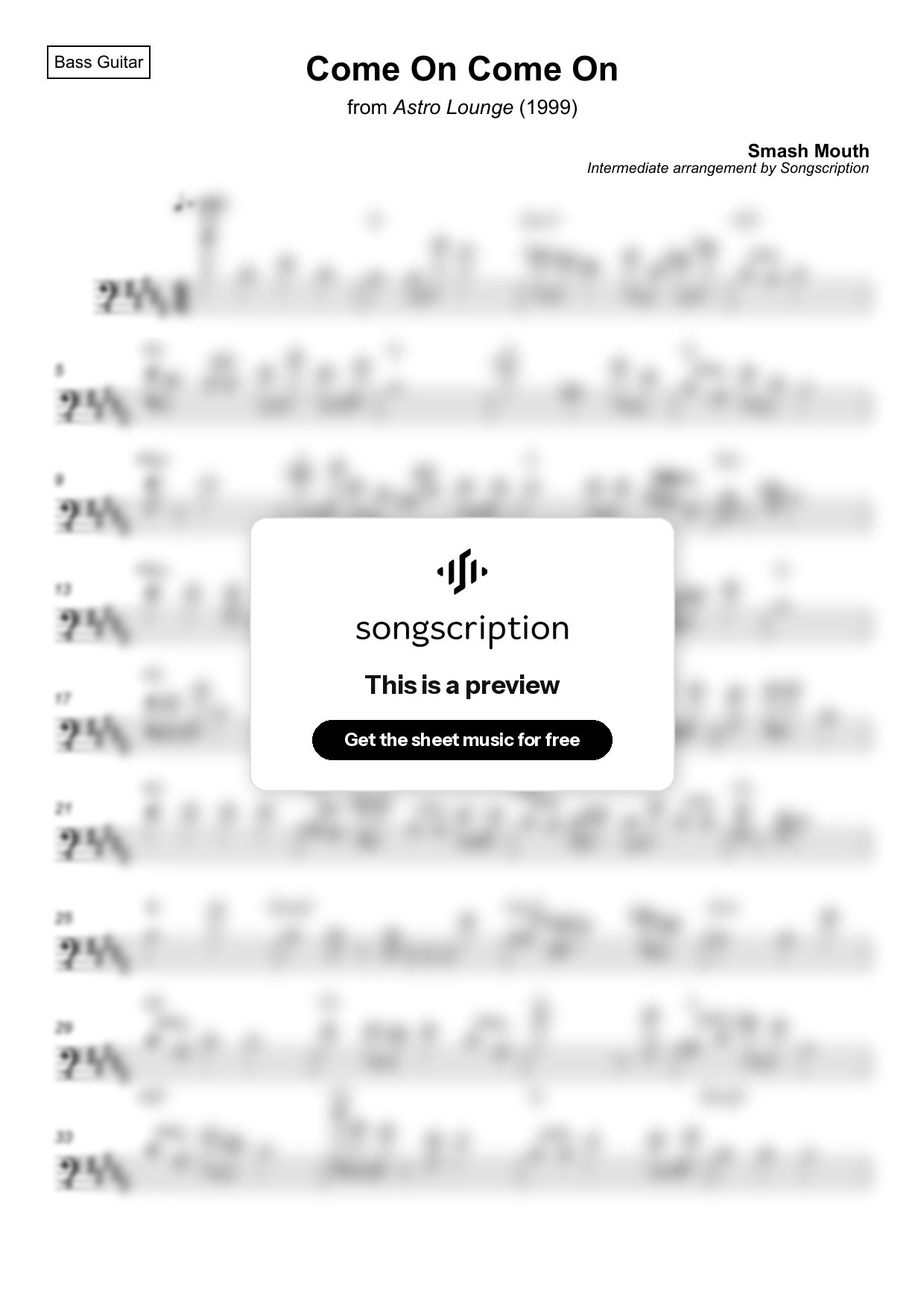 Intermediate Bass Guitar Sheet Music for "Come On Come On" by Smash Mouth
