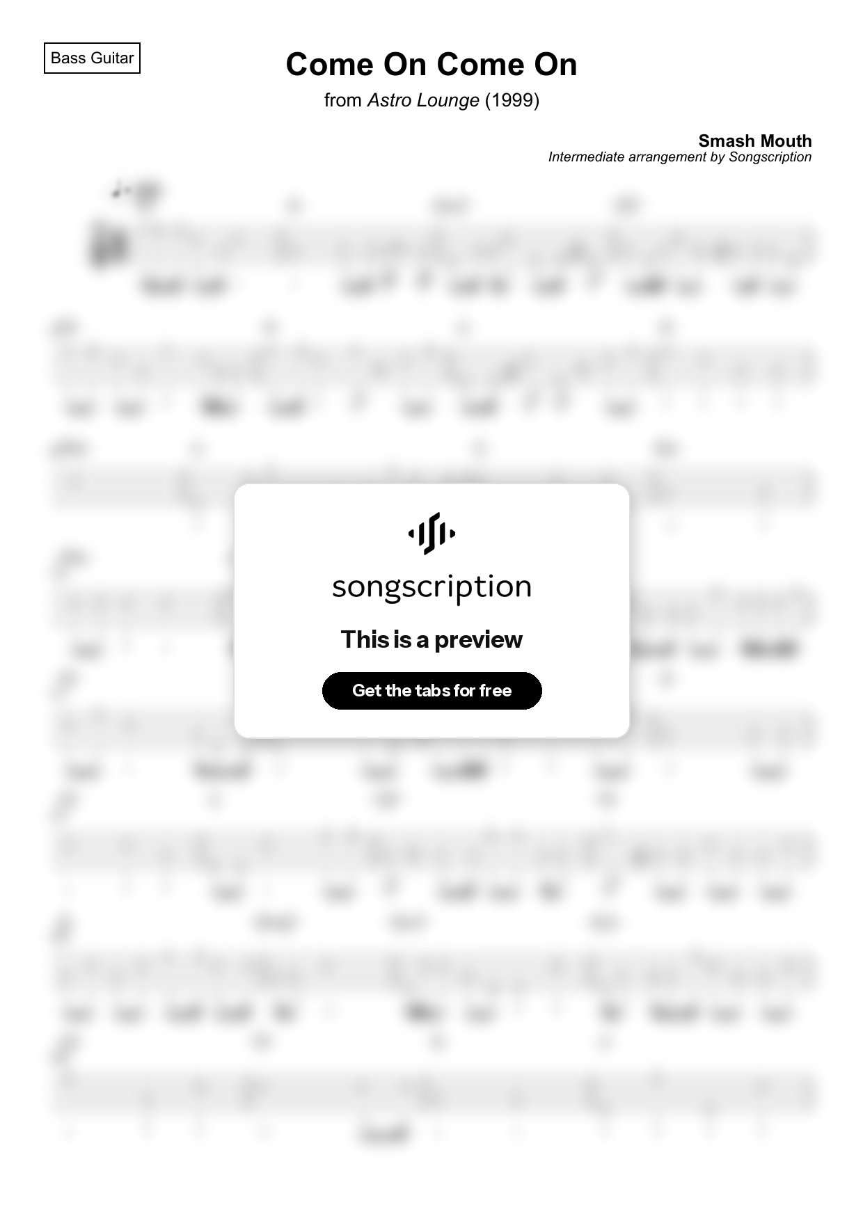 Intermediate Bass Guitar Tabs for "Come On Come On" by Smash Mouth