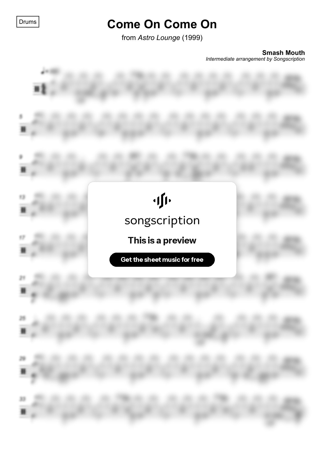 Intermediate Drums Sheet Music for "Come On Come On" by Smash Mouth