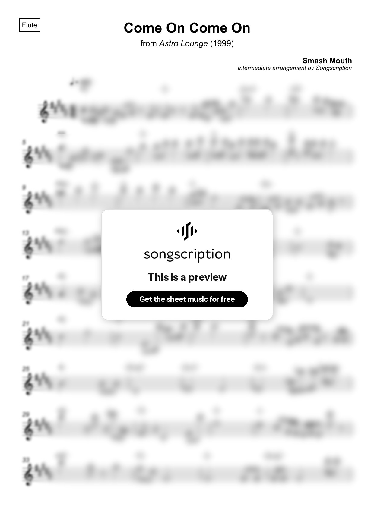 Intermediate Flute Sheet Music for "Come On Come On" by Smash Mouth