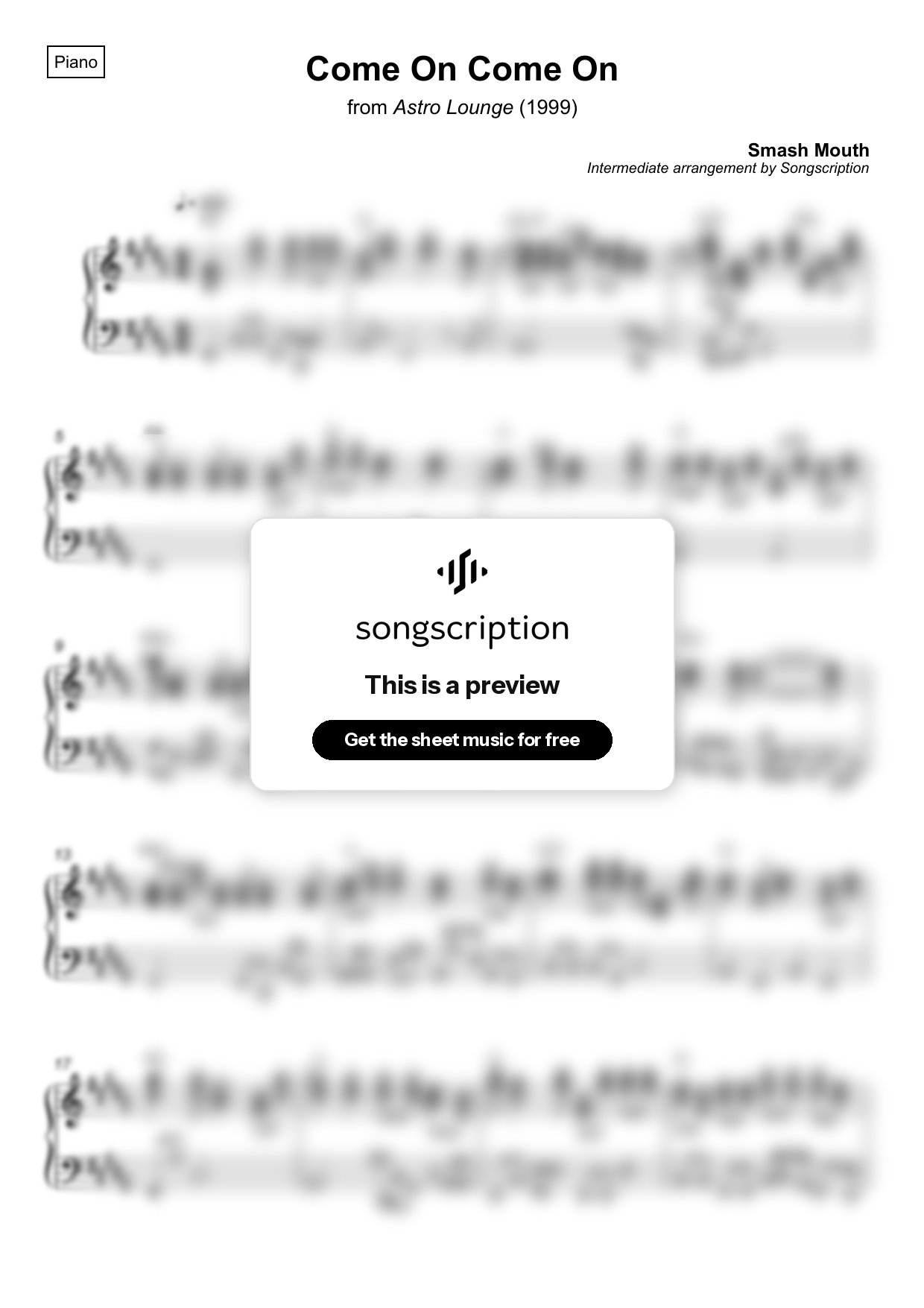 Intermediate Piano Sheet Music for "Come On Come On" by Smash Mouth