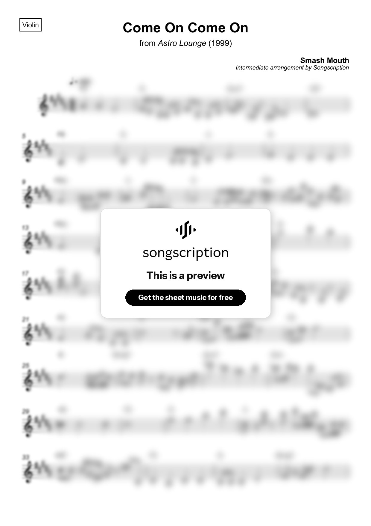 Intermediate Violin Sheet Music for "Come On Come On" by Smash Mouth