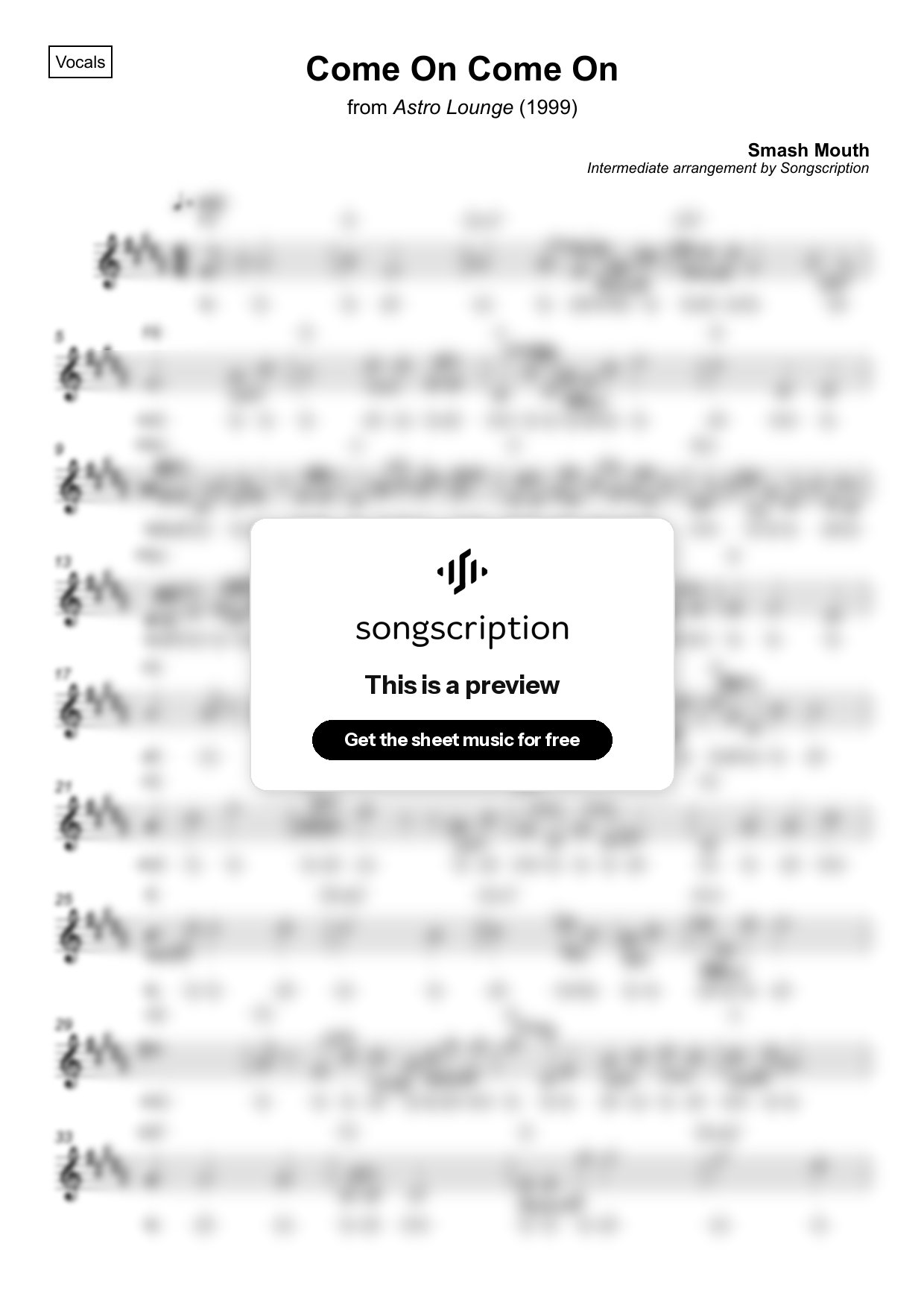 Intermediate Vocals Sheet Music for "Come On Come On" by Smash Mouth