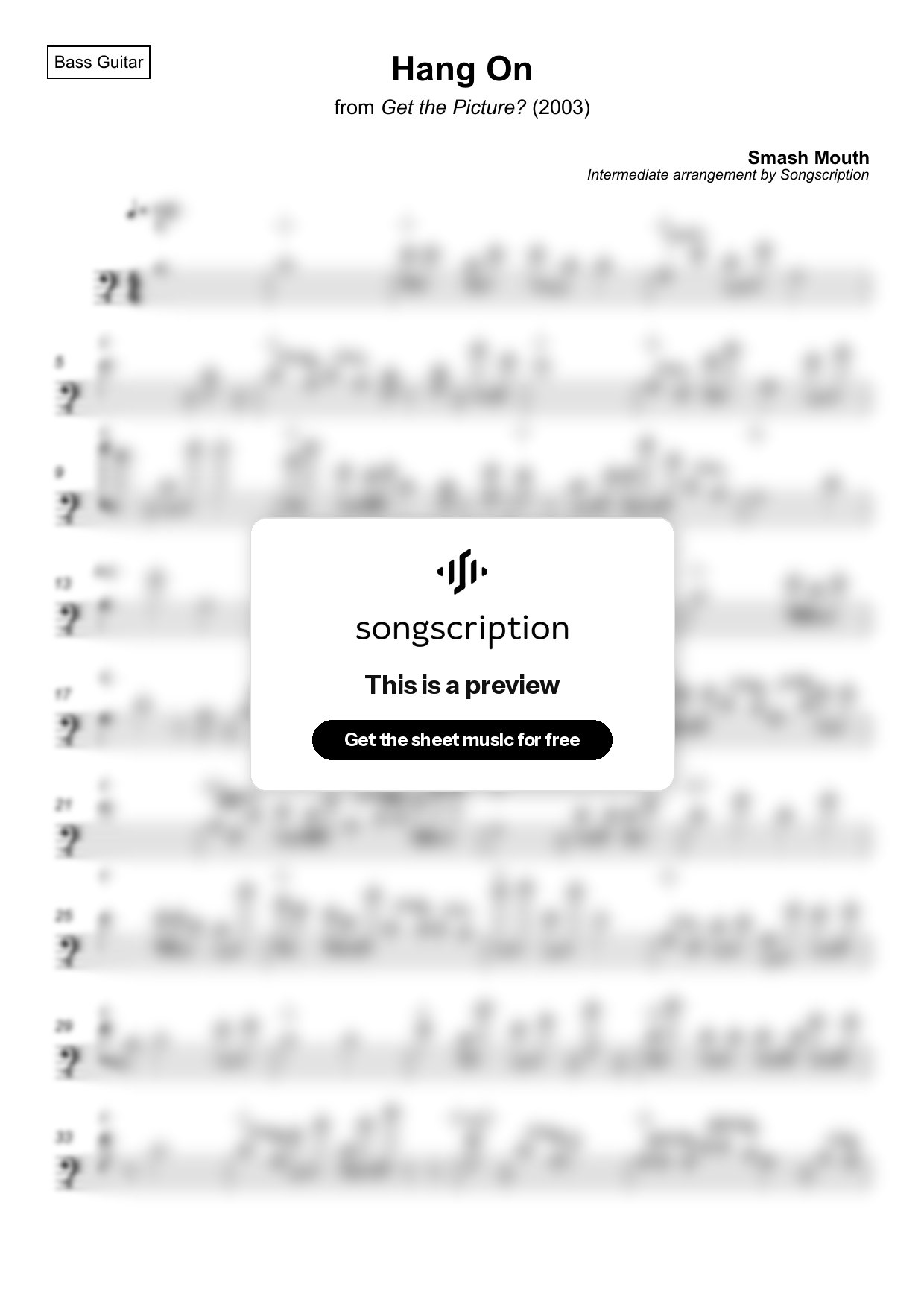 Intermediate Bass Guitar Sheet Music for "Hang On" by Smash Mouth