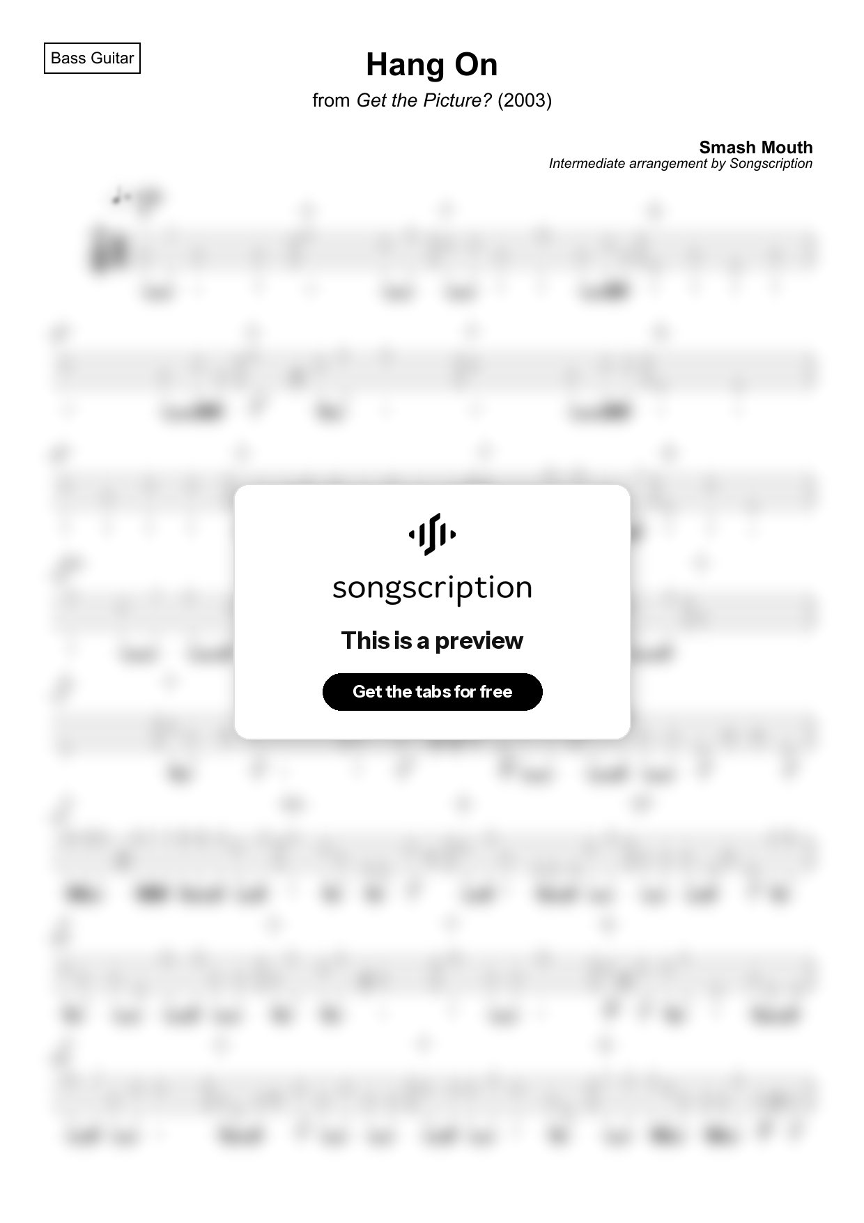 Intermediate Bass Guitar Tabs for "Hang On" by Smash Mouth