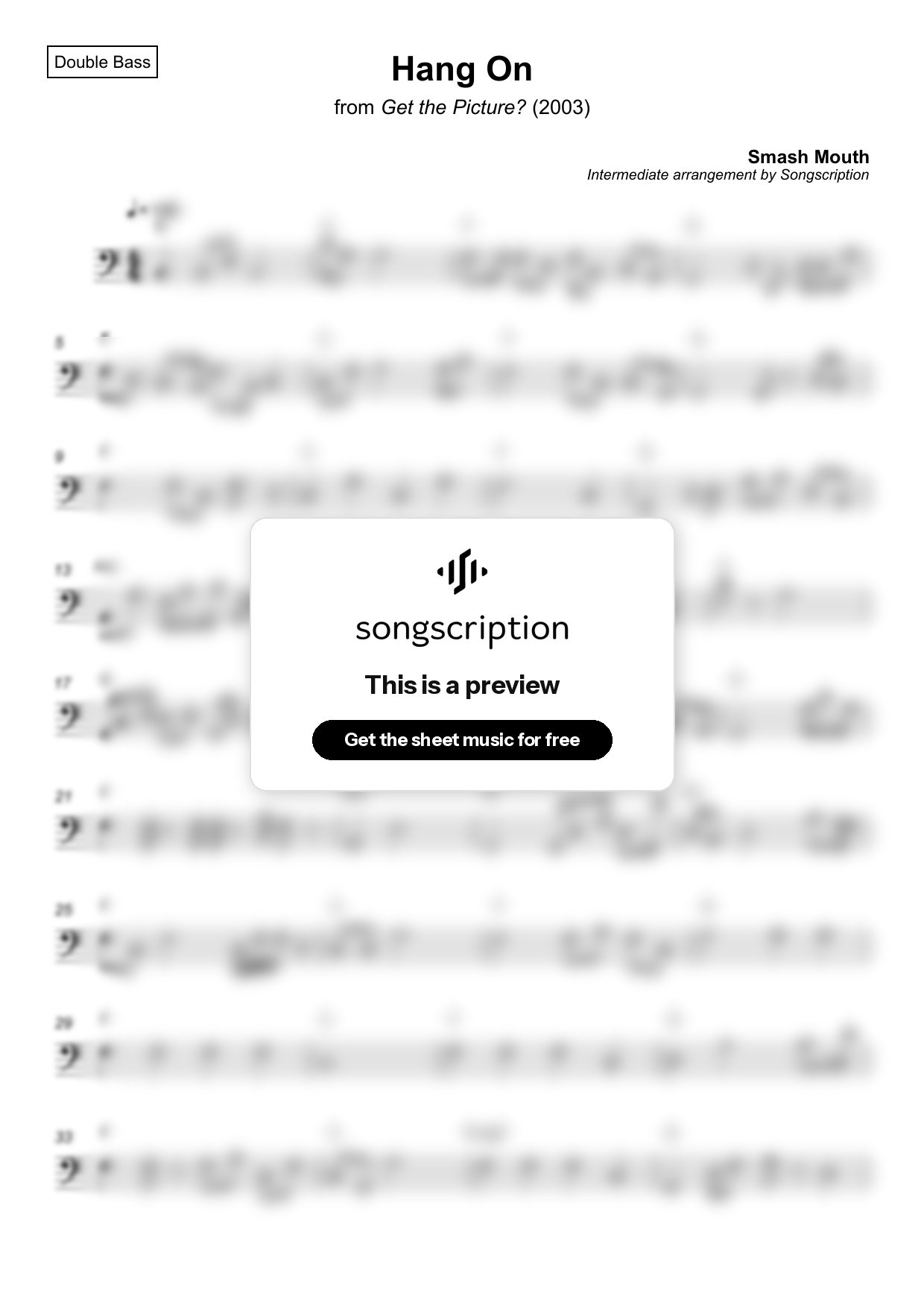 Intermediate Double Bass Sheet Music for "Hang On" by Smash Mouth