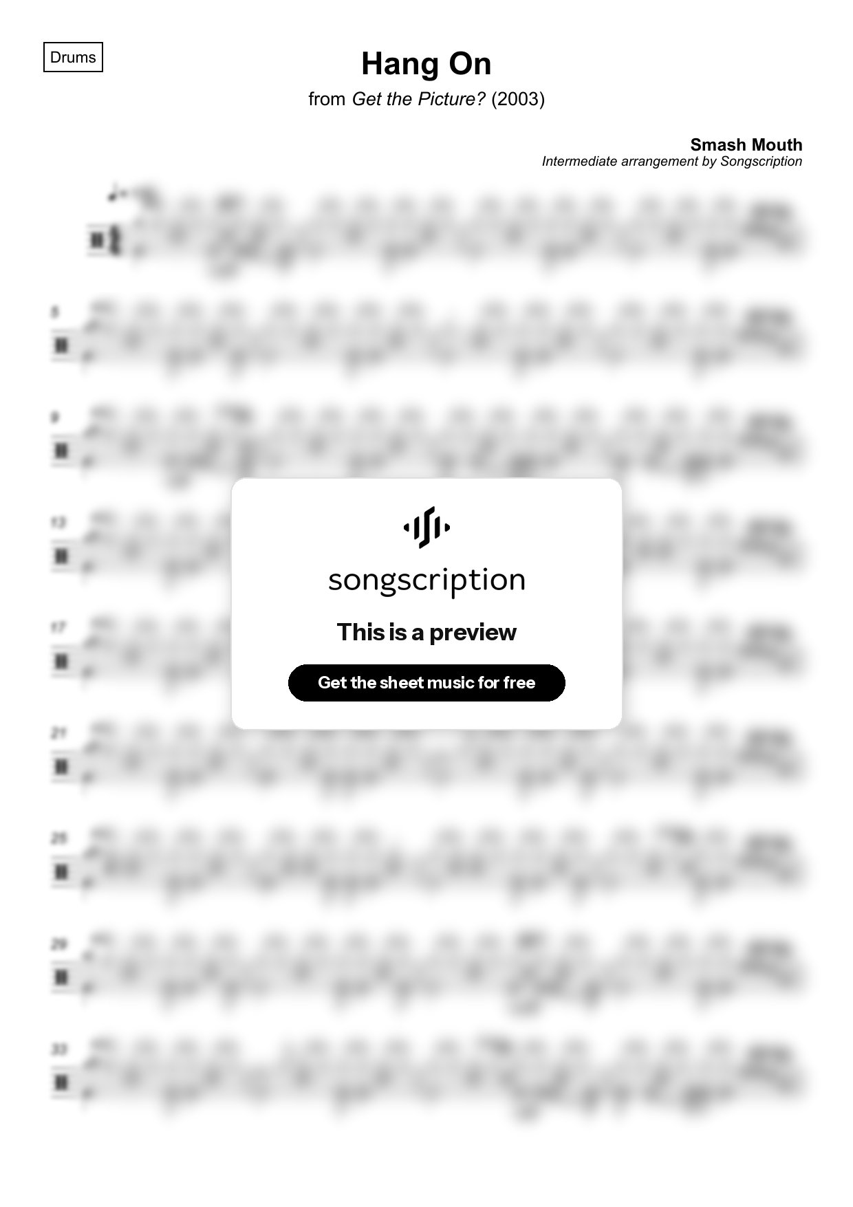 Intermediate Drums Sheet Music for "Hang On" by Smash Mouth