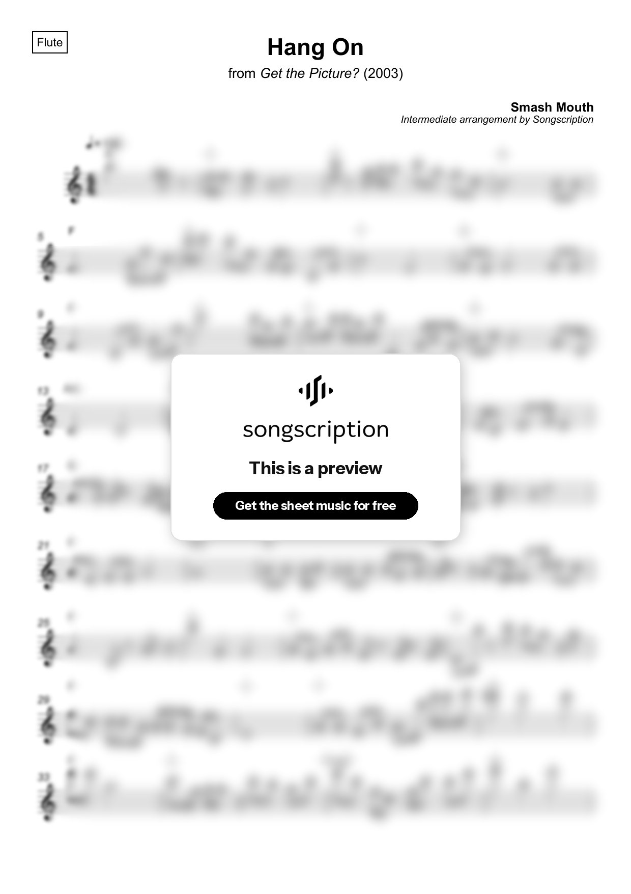 Intermediate Flute Sheet Music for "Hang On" by Smash Mouth