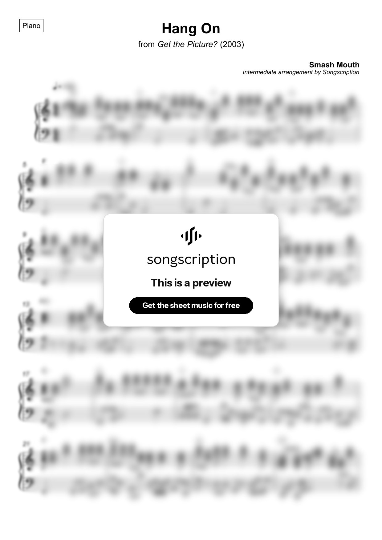 Intermediate Piano Sheet Music for "Hang On" by Smash Mouth