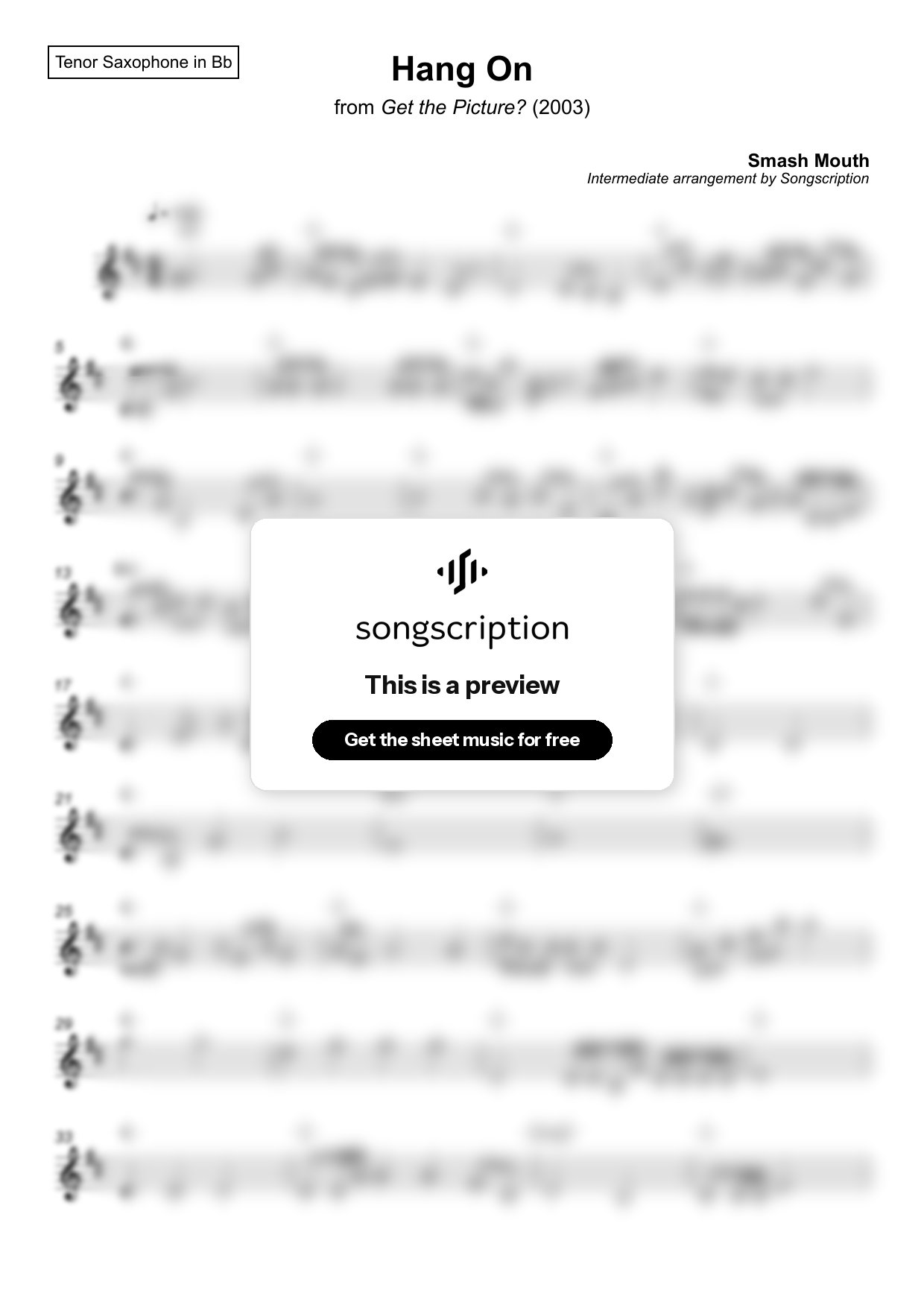 Intermediate Tenor Sax Sheet Music for "Hang On" by Smash Mouth