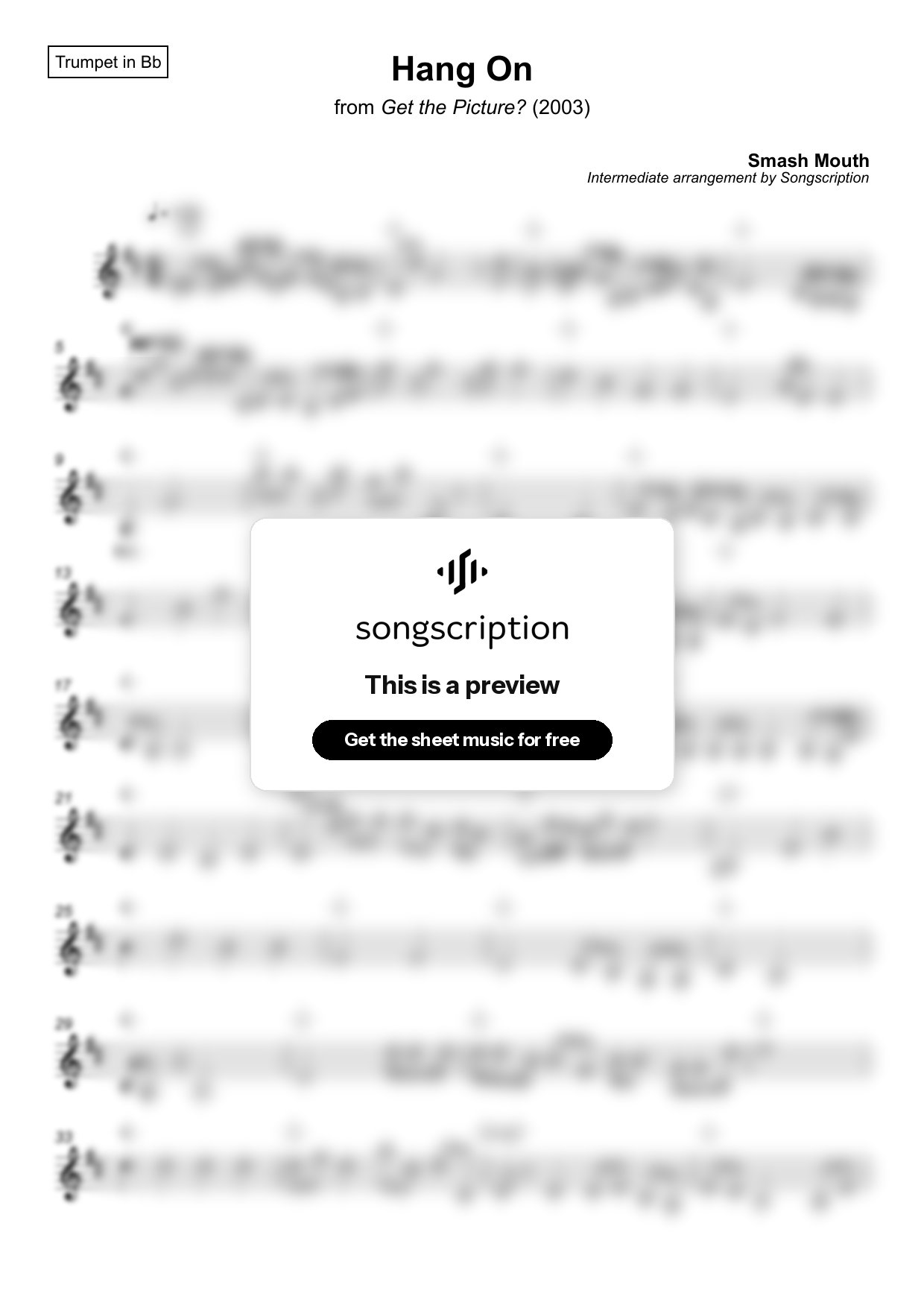 Intermediate Trumpet Sheet Music for "Hang On" by Smash Mouth