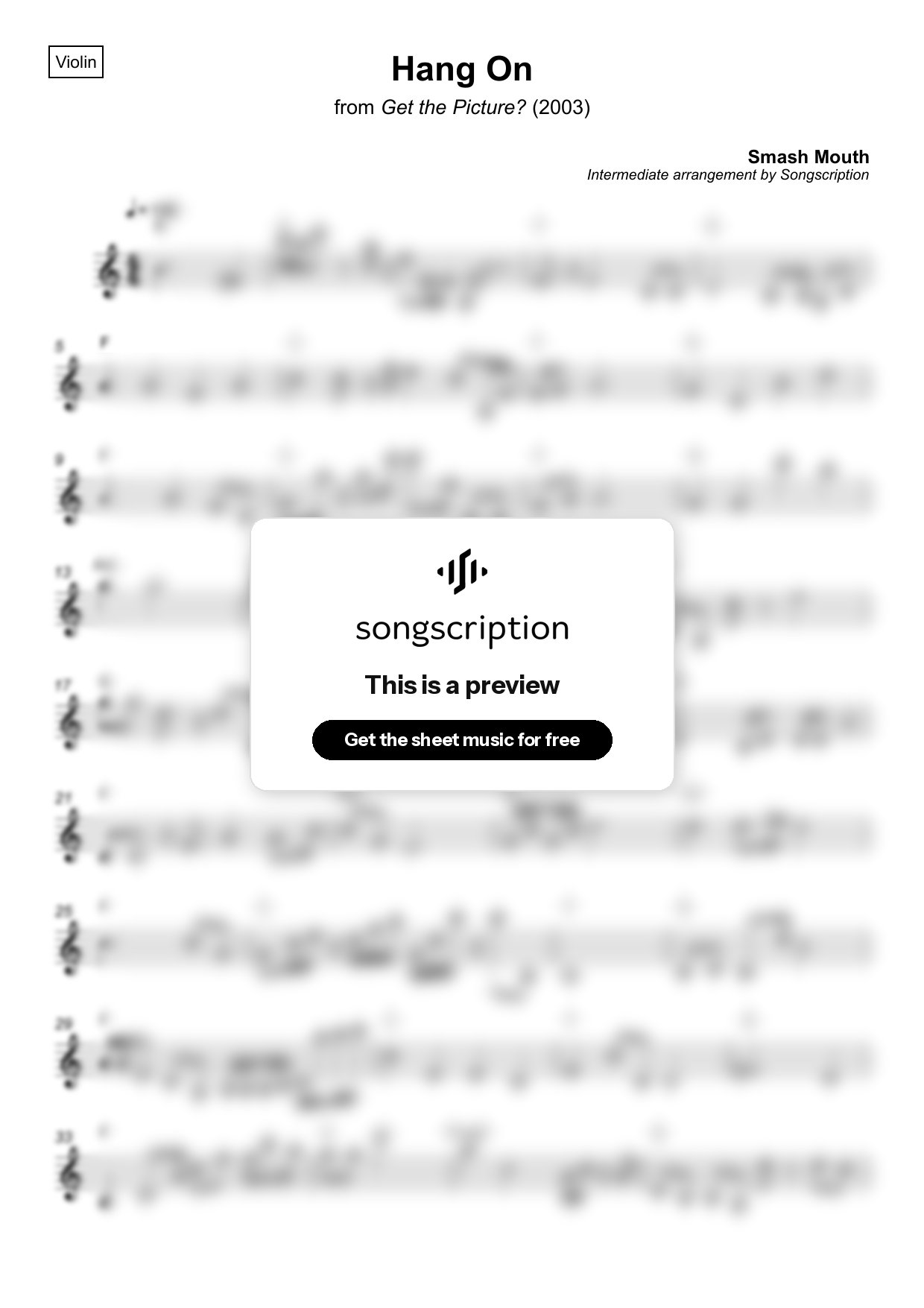 Intermediate Violin Sheet Music for "Hang On" by Smash Mouth