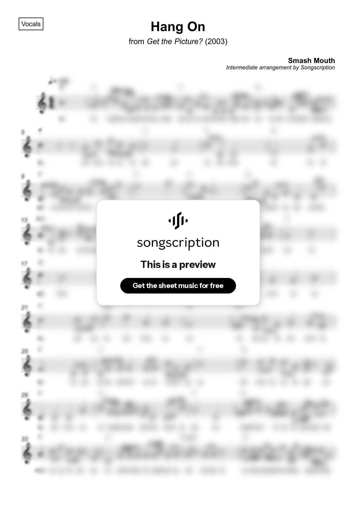 Intermediate Vocals Sheet Music for "Hang On" by Smash Mouth