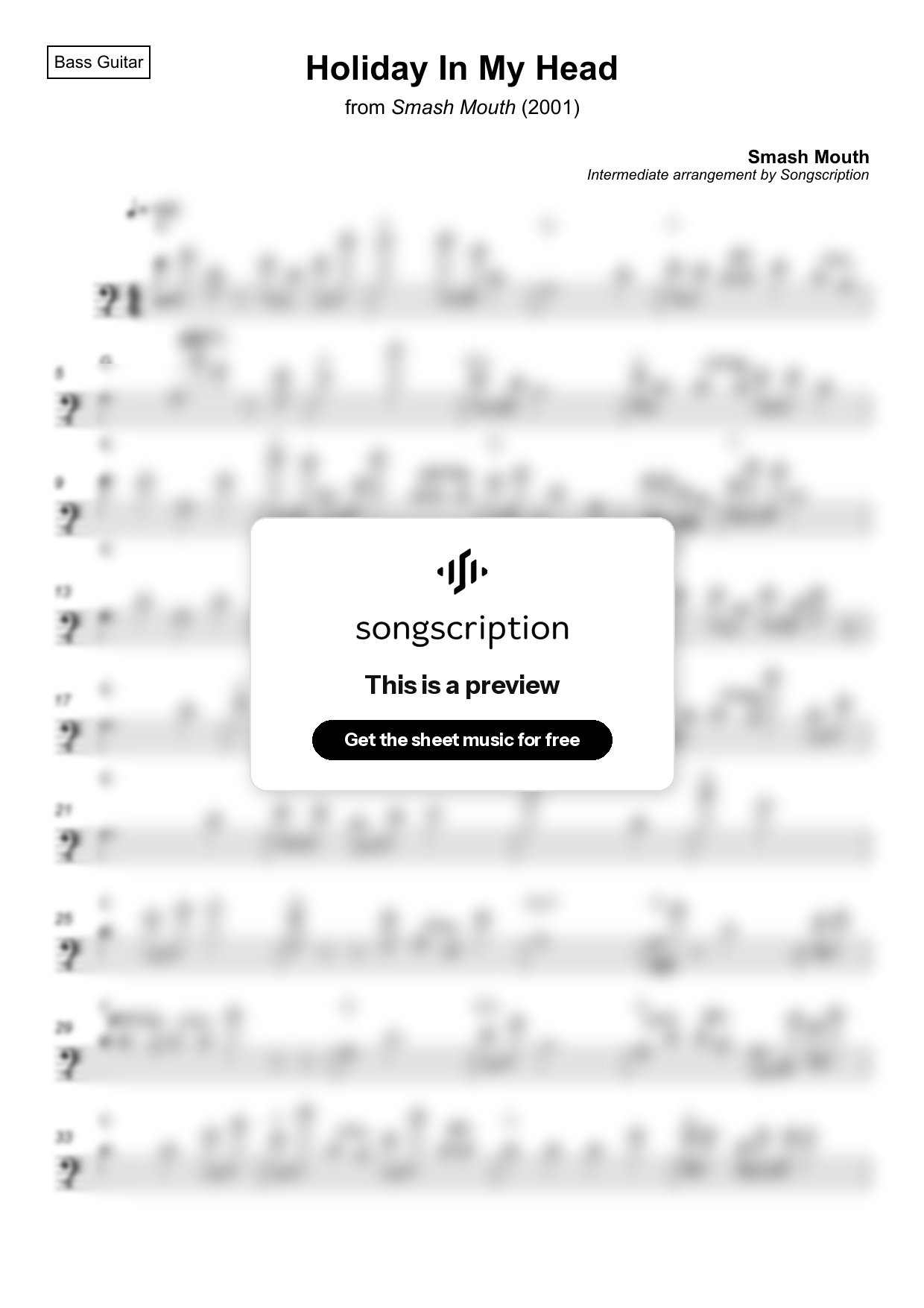 Intermediate Bass Guitar Sheet Music for "Holiday In My Head" by Smash Mouth