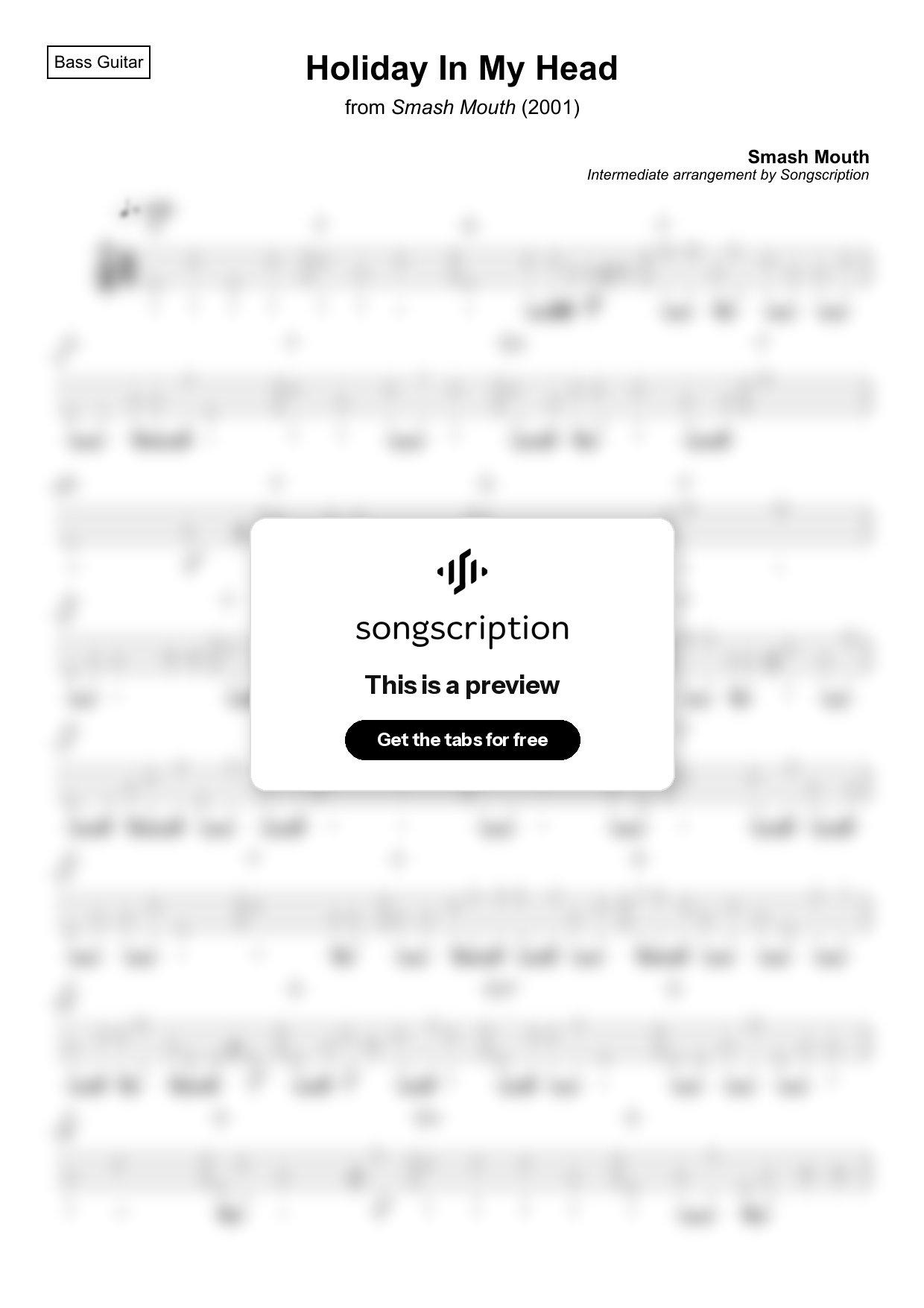 Intermediate Bass Guitar Tabs for "Holiday In My Head" by Smash Mouth