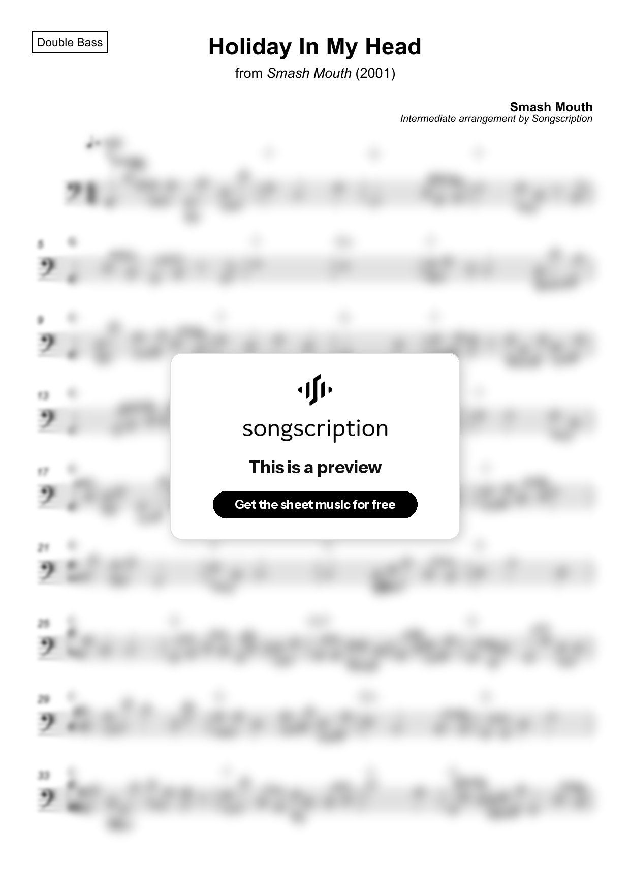 Intermediate Double Bass Sheet Music for "Holiday In My Head" by Smash Mouth